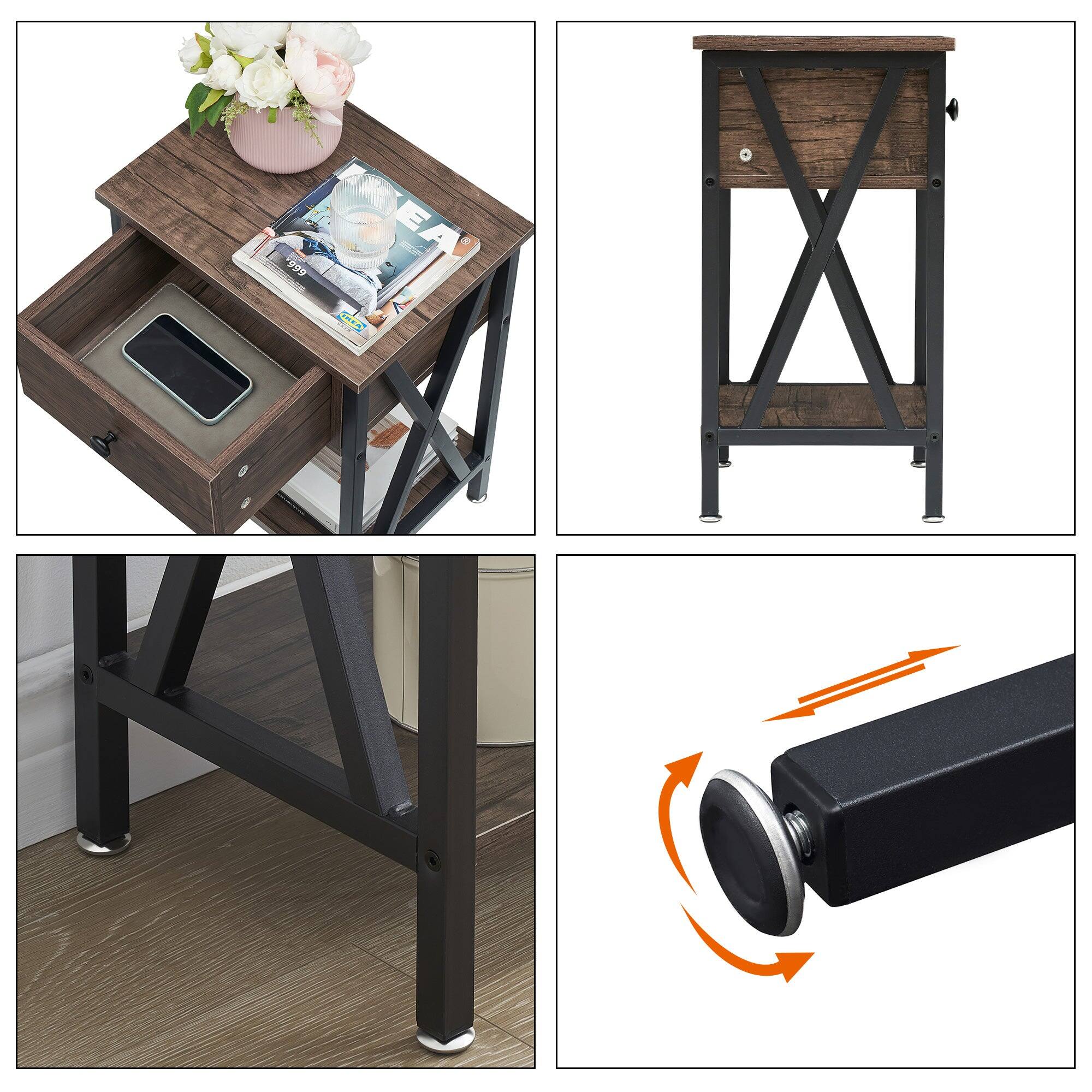 Angle. Vecelo - Nightstand with Drawer - Bedside Table with Storage Shelf, Compact End Table for Bedroom, MDF Wood Nightstand - Grey.