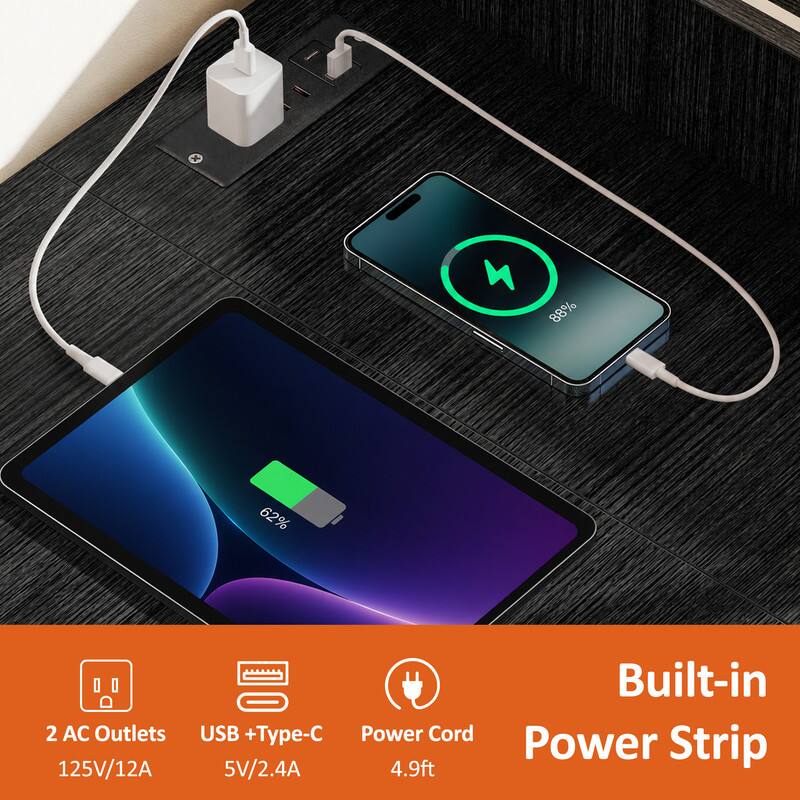 4 88% 62% 2 AC Outlets 125V/12A Built-in USB +Type-C Power Cord Power Strip 5V/2.4A 4.9ft