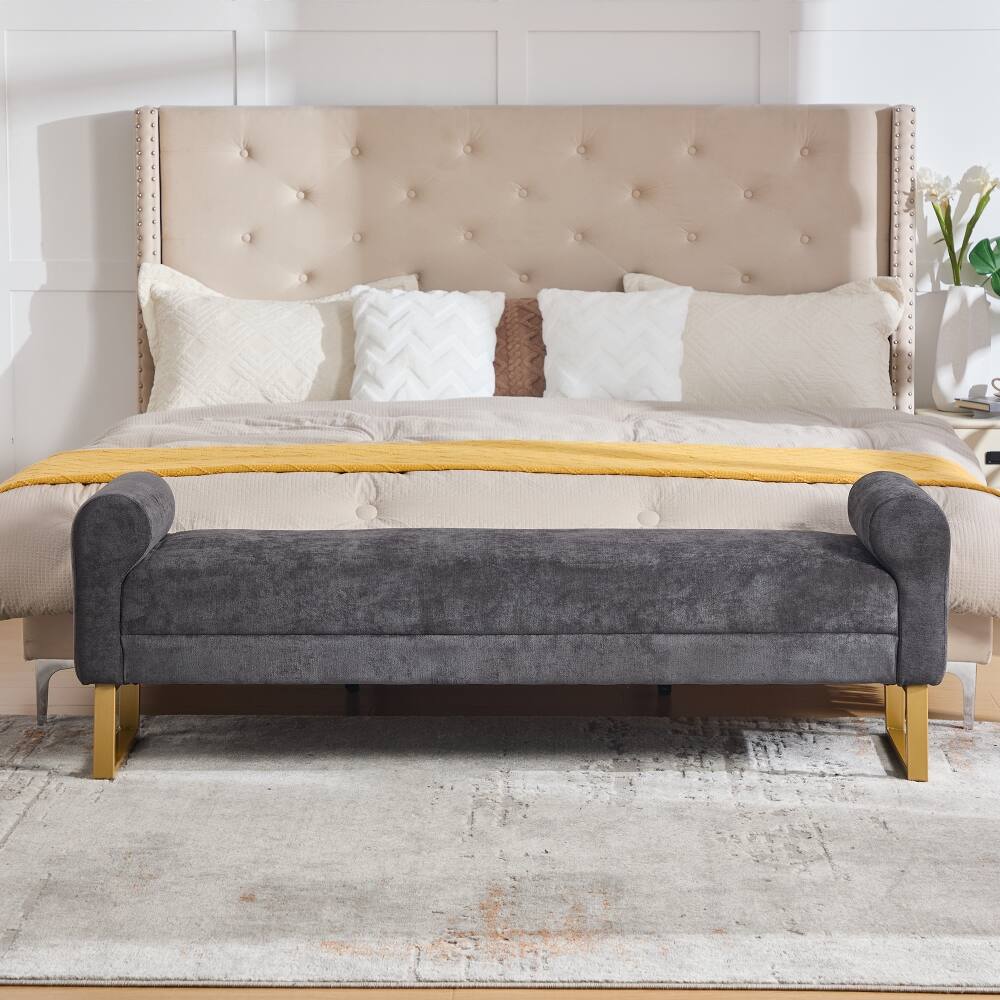 Alt View 4. Ropilly - 65" Dark Grey Chenille End of Bed Bench with Gold Legs, Modern Upholstered Ottoman Bench - Dark Grey.