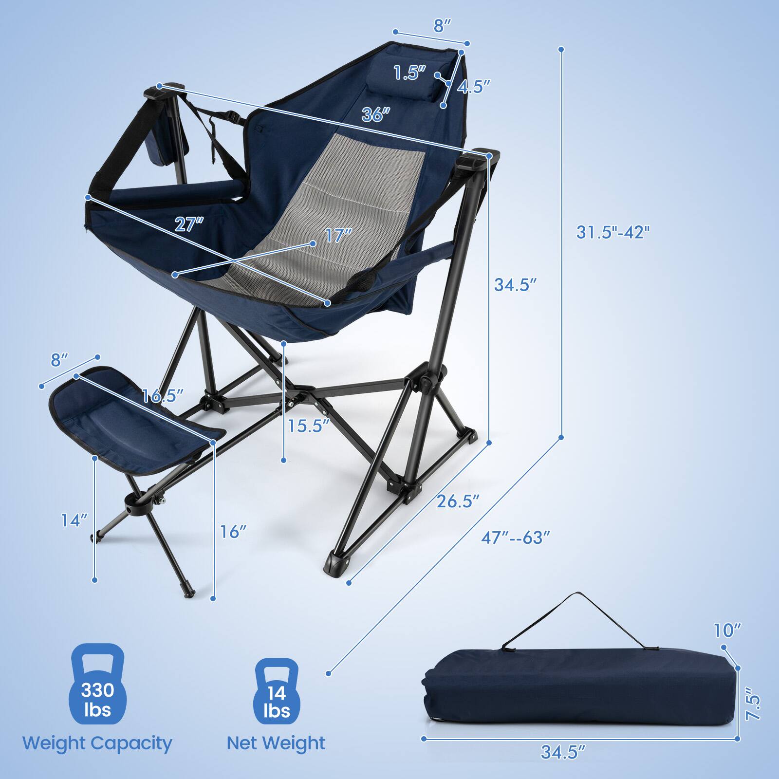 The image features a blue chair with a weight capacity of 330 lbs. The chair has a net weight of 14 lbs and is made of durable materials. The dimensions of the chair are 34.5" x 7.5" and it is designed to provide comfort and support for its users.
