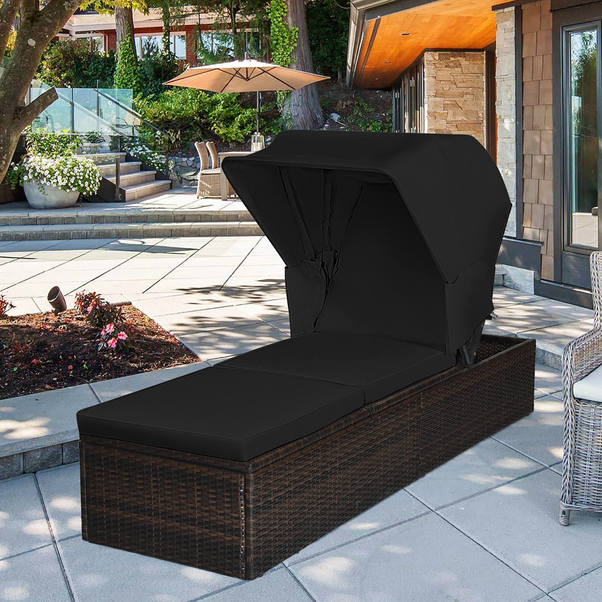 Alt View 9. Costway - Costway Patio Rattan Lounge Chair Chaise Cushioned Top Canopy Adjustable Tea Table - Black.