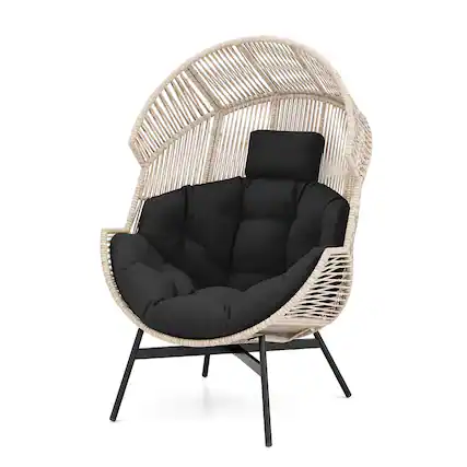 Front. Gymax - Gymax Wicker Stationary Egg Chair Lounge Basket Sofa Chair w/ Heavy-Duty Metal Frame Black - Black.