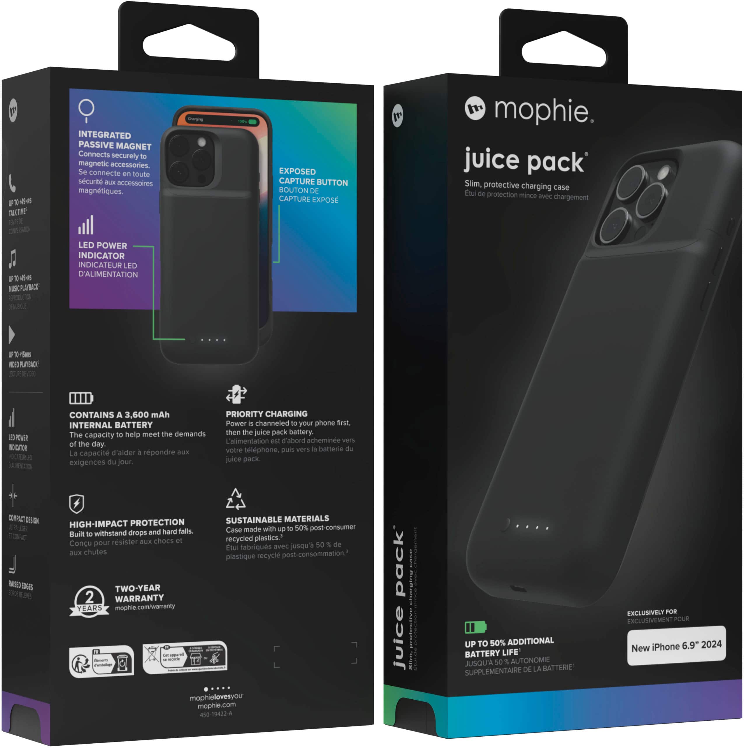 The image features a black Mophie Juice Pack case for an iPhone, which is designed to provide protection and charging capabilities. The case is shown in two different positions: one with the case open and the other with the case closed. The packaging for the Juice Pack case is also displayed, showcasing the features and benefits of the product. The packaging highlights the integrated passive magnet, exposed capture button, and LED power indicator, as well as the sustainable materials and high-impact protection provided by the case. The product is designed to help meet the demands of the user's iPhone throughout the day and ensure that the phone is charged and protected.
