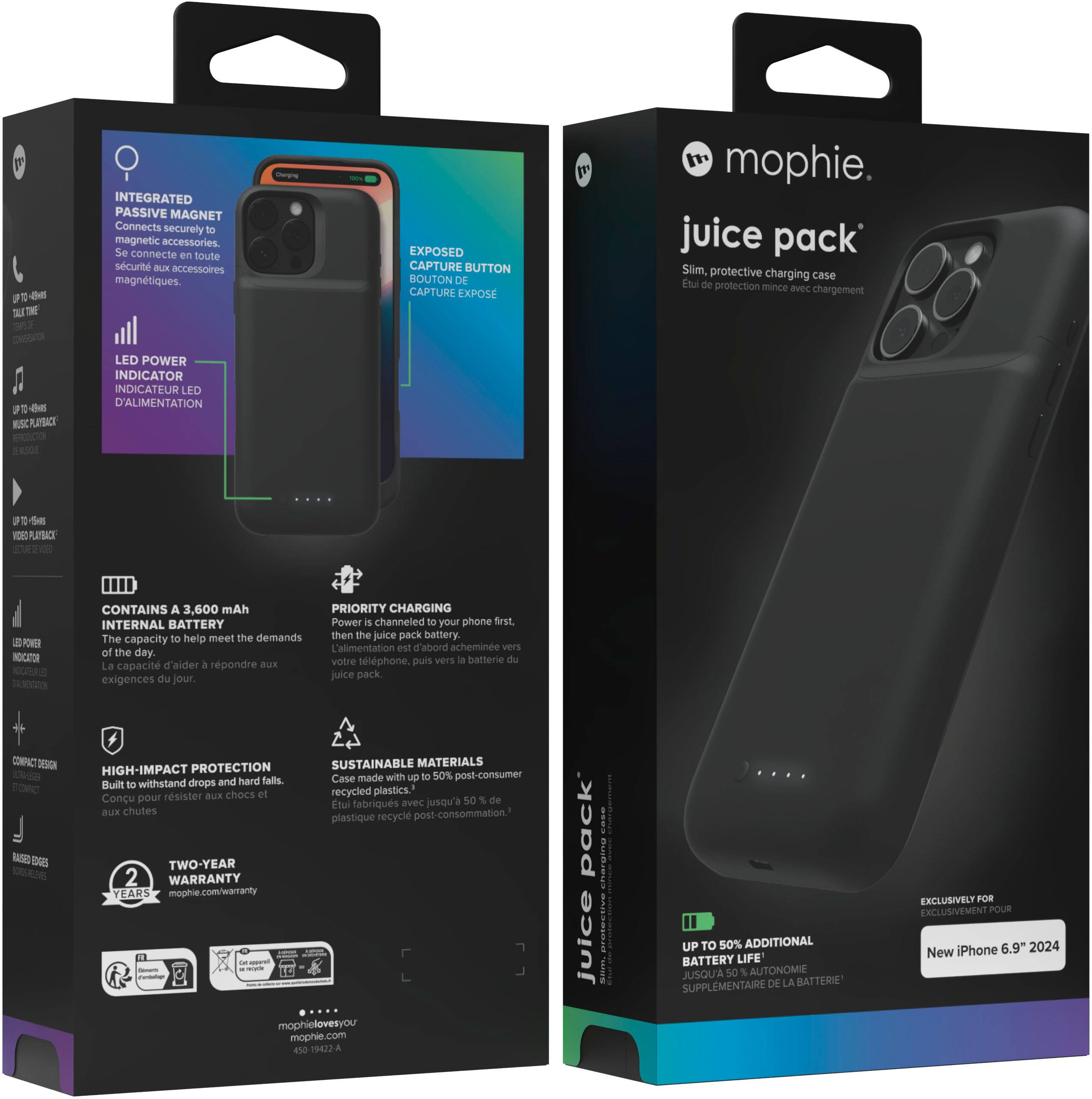 The image features a black Mophie Juice Pack case for an iPhone, which is designed to provide protection and charging capabilities. The case is shown in two different positions: one with the case open and the other with the case closed. The packaging for the Juice Pack case is also displayed, showcasing the features and benefits of the product. The packaging highlights the integrated passive magnet, exposed capture button, and LED power indicator, as well as the sustainable materials and high-impact protection provided by the case. The product is designed to help meet the demands of the user's iPhone throughout the day and ensure that the phone is charged and protected.