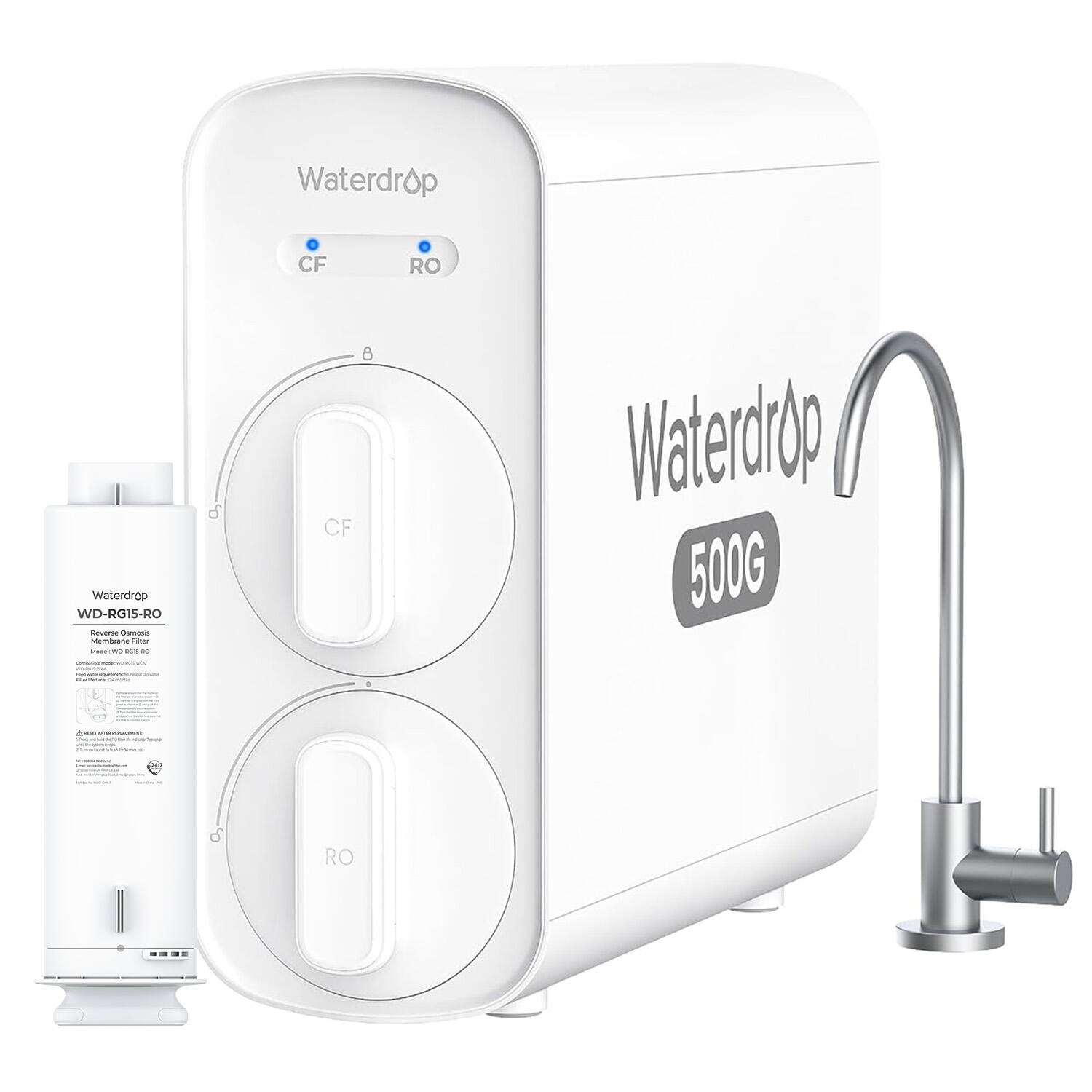 Waterdrop - G5P500 Reverse Osmosis Water Filter, NSF/ANSI 372 Certified, 7 Stage Reverse Osmosis System, 500G RO Water Fil - White