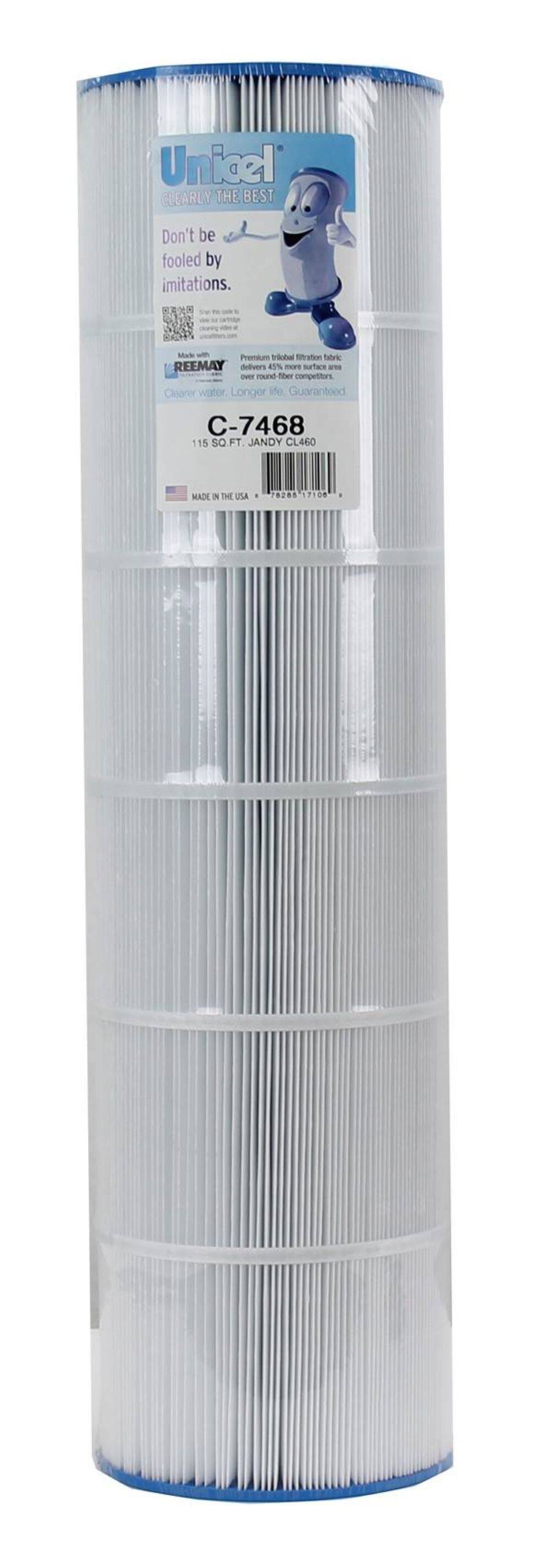Unicel  
CLEARLY THE BEST  
Don't be fooled by imitations.  

Made with  
PREEMAY  
Premium Tri-lobed Trifilament Filaments  
deliver 41% more surface area  
over round fiber competitors  

Clearer water  
Longer life  
Guaranteed  

C-7468  
115 SQ FT  
JANDY CL460  

MADE IN THE USA