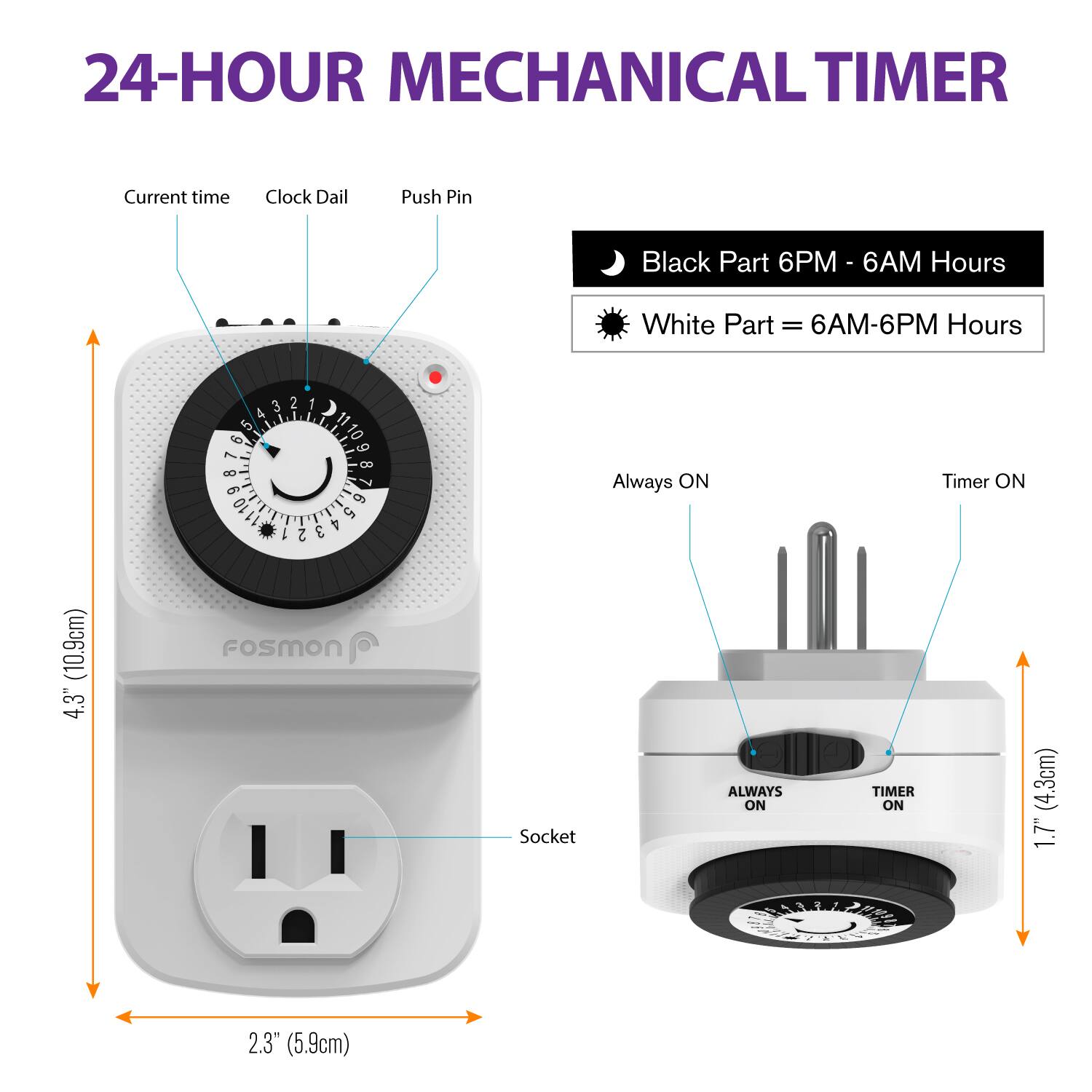 24-HOUR MECHANICAL TIMER

Current time
Clock Dail
Push Pin
Black Part 6PM - 6AM Hours
White Part = 6AM-6PM Hours

Always ON
Timer ON (10.9cm)
4.3"
fosmon
Socket
ALWAYS ON
TIMER ON (4.3cm)
1.7"
2.3" (5.9cm)