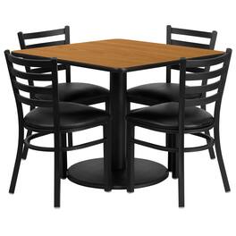 Emma + Oliver - 36" Square Laminate Round Base Table Set with 4 Ladder Back Chairs - Natural Top/Black Vinyl Seat
