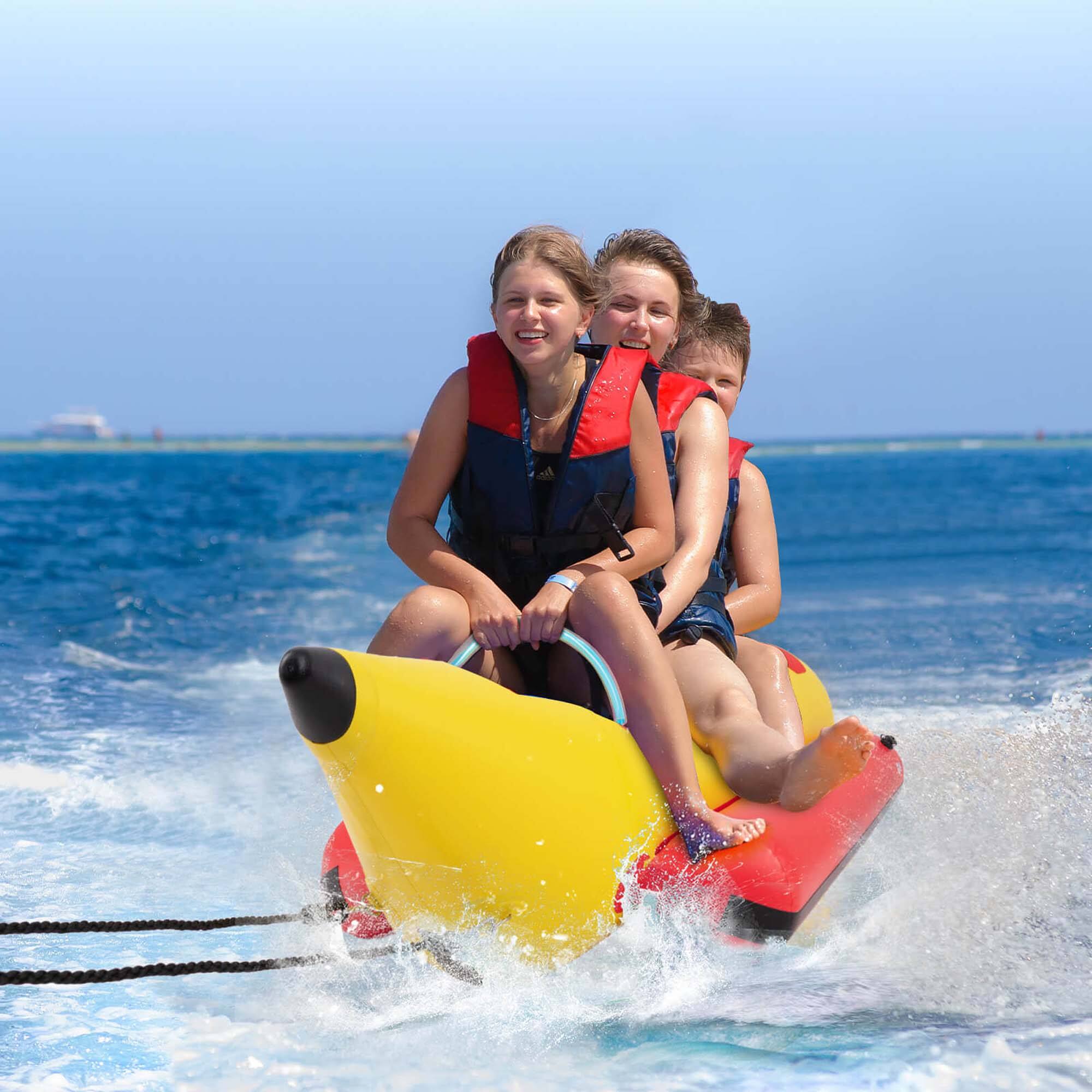 Alt View 2. Costway - Costway 3-Person Inflatable Banana Boat with Boating and Water Sports Electric Air Pump - Red + Yellow.