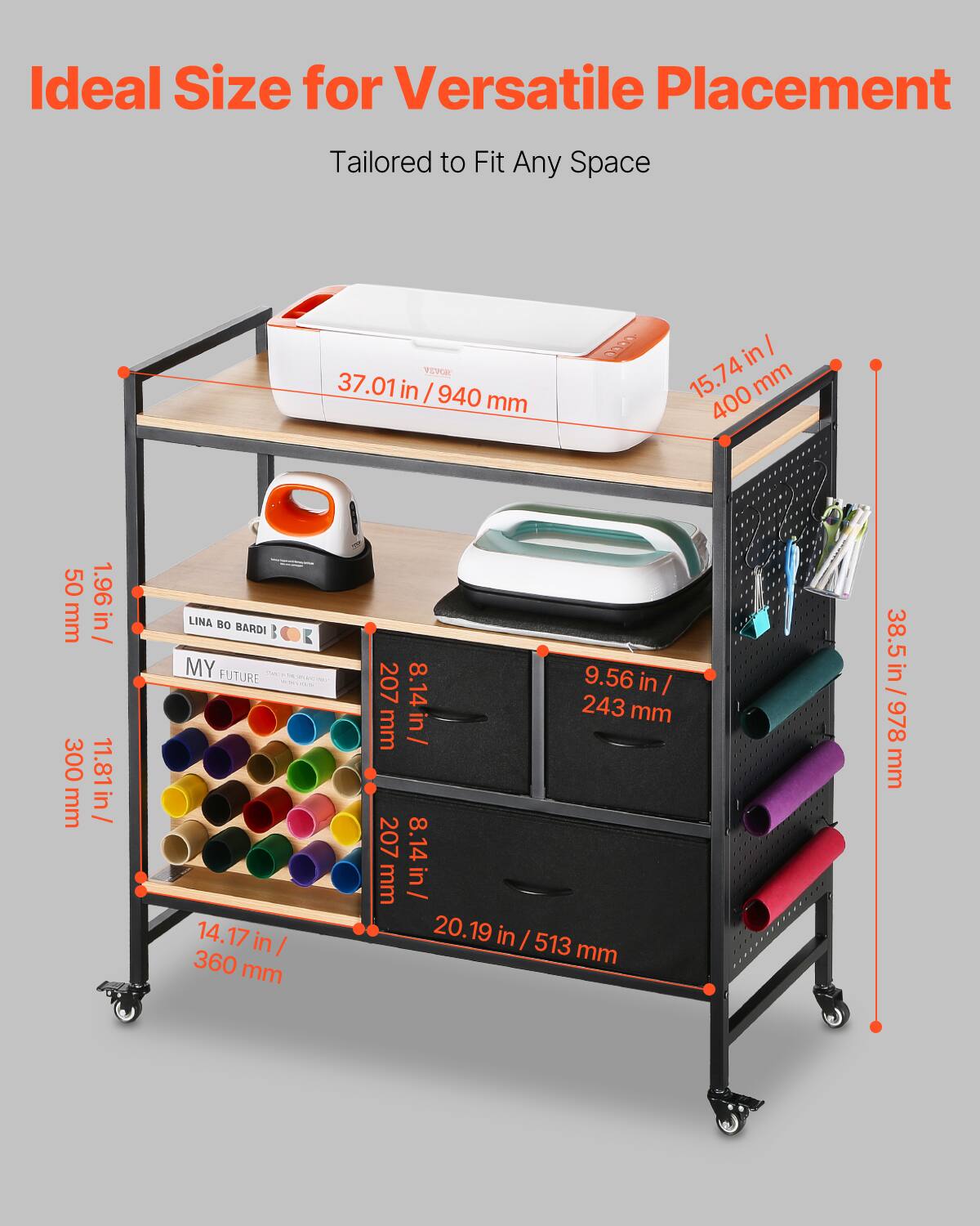 Ideal Size for Versatile Placement  
Tailored to Fit Any Space  

- 37.01 in / 940 mm  
- 15.74 in / 400 mm  
- 50 mm / 1.96 in  
- 300 mm / 11.81 in  
- 14.17 in / 360 mm  
- 8.14 in / 207 mm  
- 9.56 in / 243 mm  
- 20.19 in / 513 mm  
- 38.5 in / 978 mm