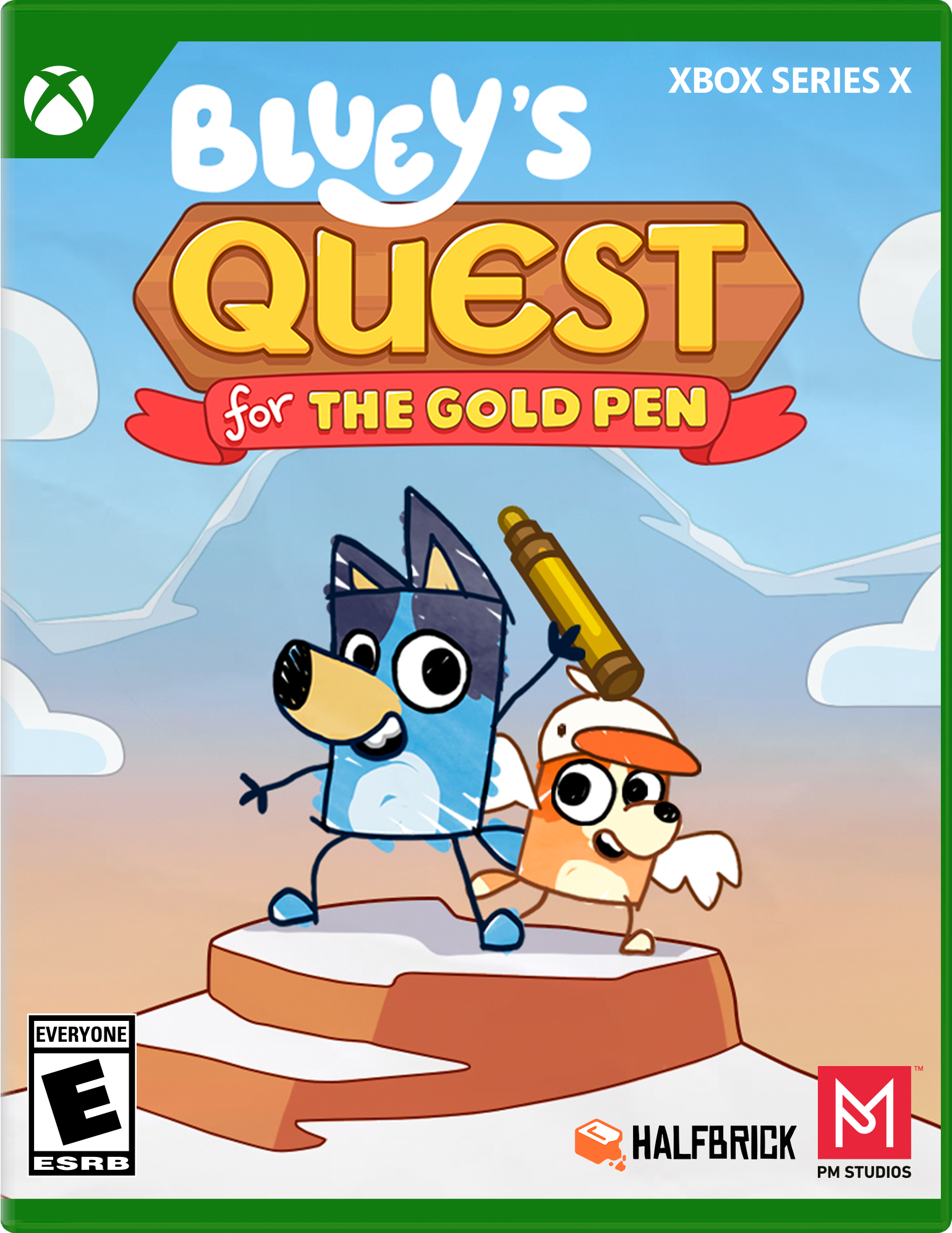 XBOX SERIES X  
BLUEY'S QUEST for THE GOLD PEN  
EVERYONE E  
ESRB  
HALFBRICK  
PM STUDIOS