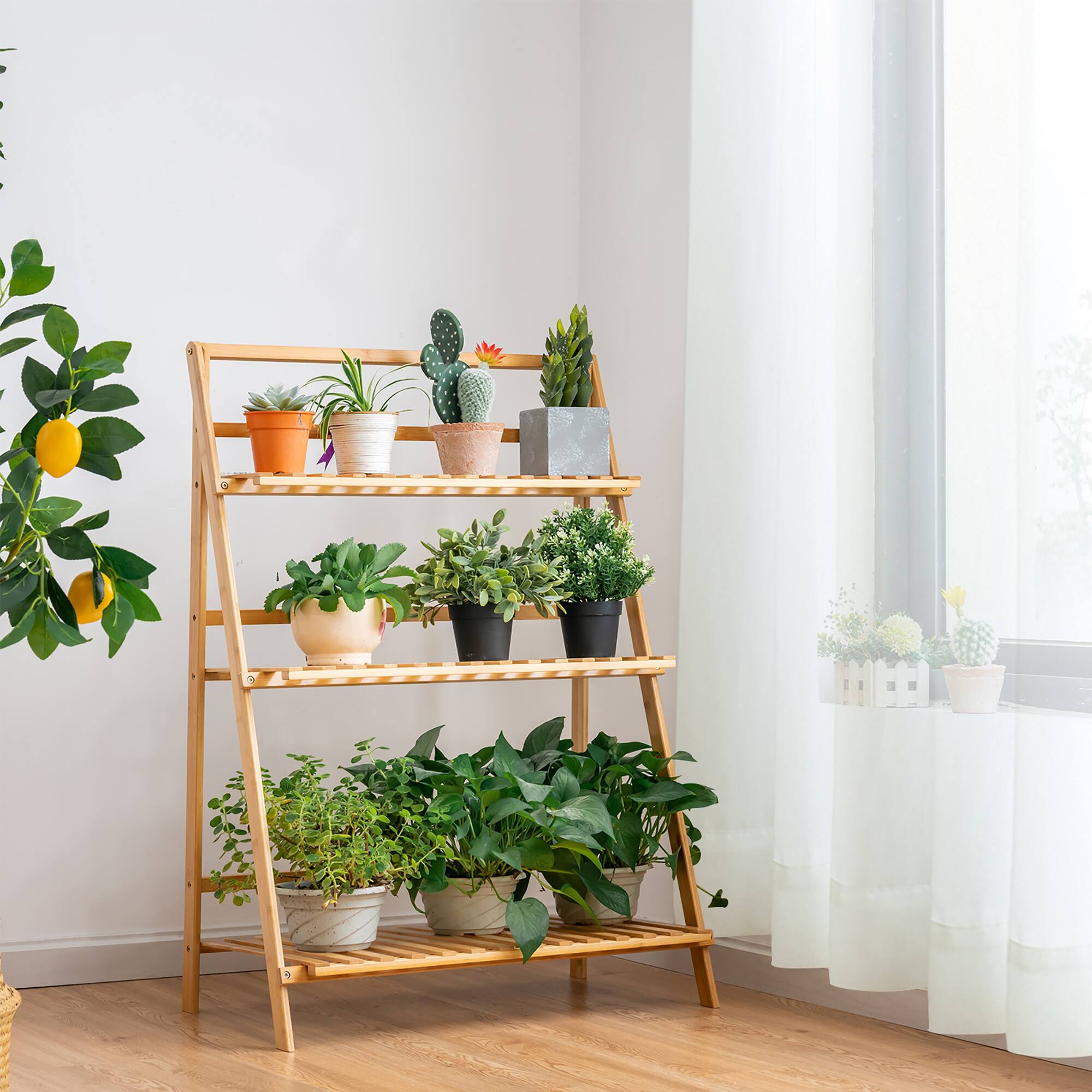 Alt View 1. Costway - Bamboo Ladder Plant Stand 3-Tier Foldable Flower Pot Display Shelf Rack - Natural.