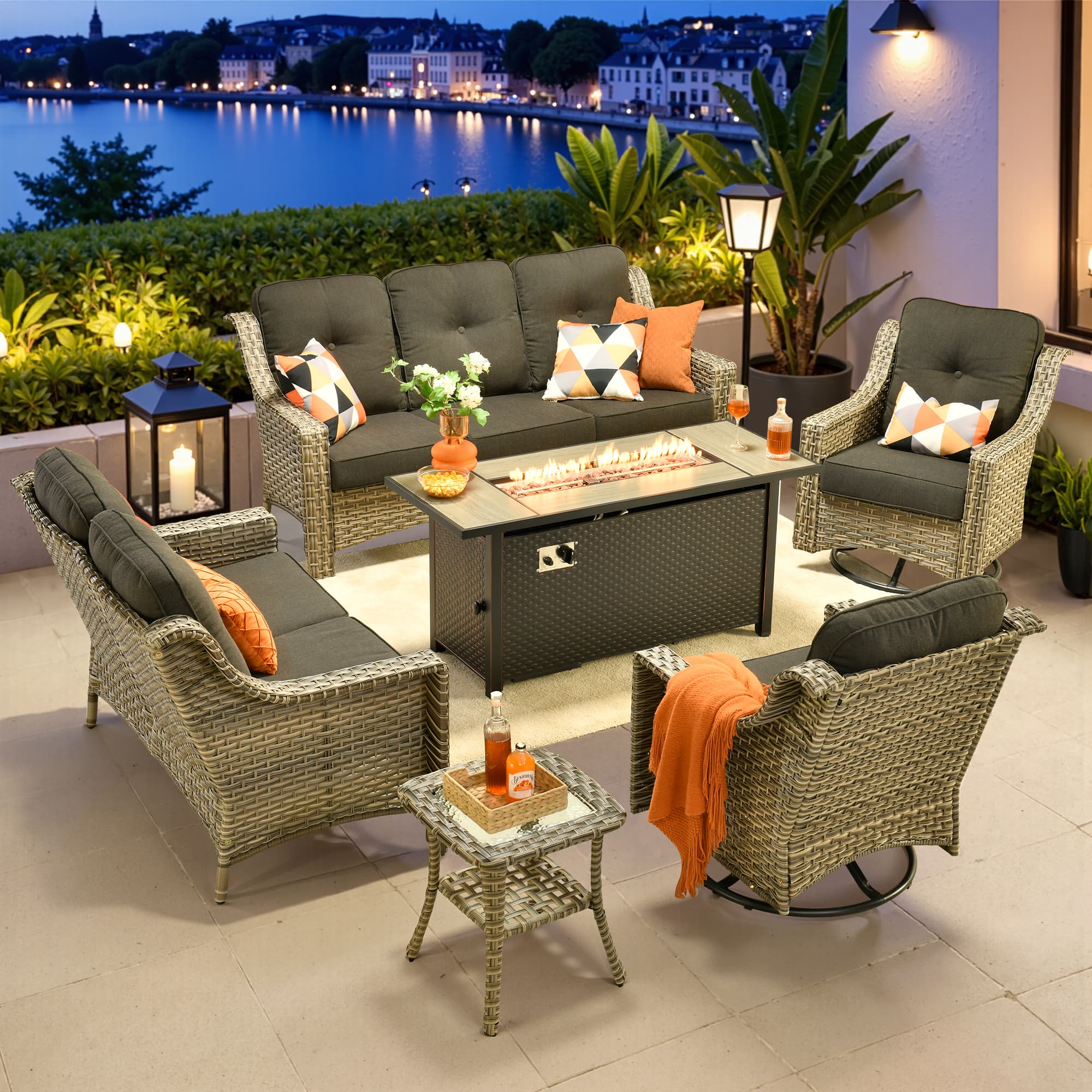 Ovios - 6 PCS Patio Furniture Set with 54" Fire Pit Table Comfy Loveseat with Swivel Chairs & Side Table - Black