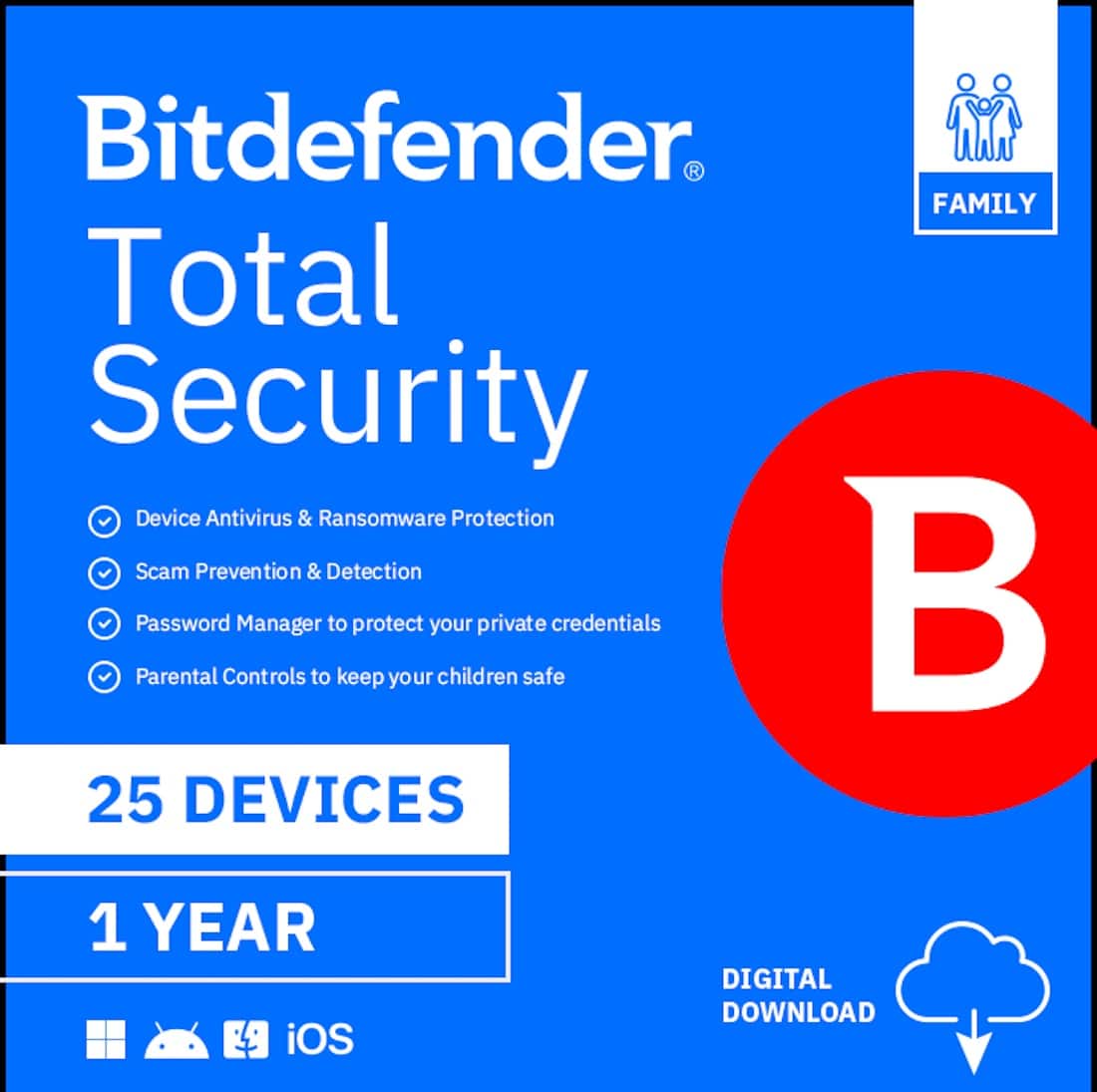 Bitdefender - Total Security Family 25 Device 1 Year - Windows, Apple iOS, Mac OS, Android, Linux [Digital] - Front_Zoom