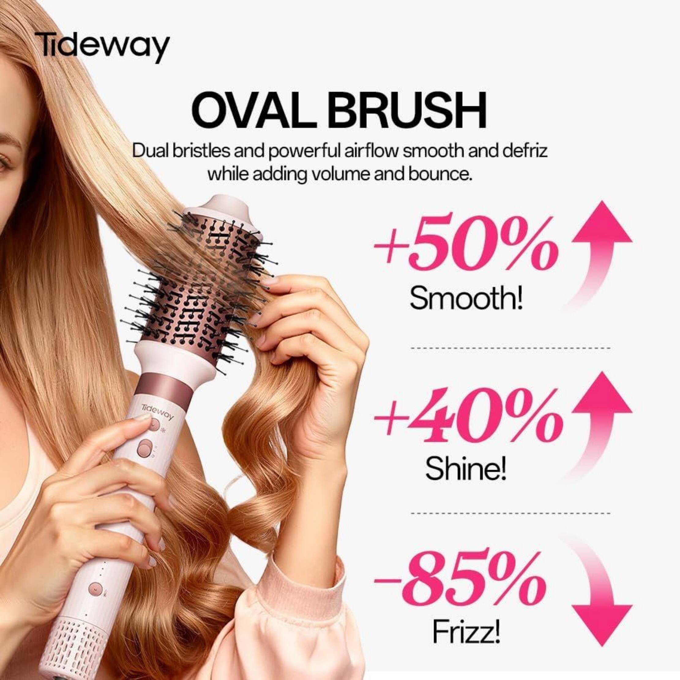 Tideway OVAL BRUSH Dual bristles and powerful airflow smooth and defriz while adding volume and bounce. +50% Smooth! +40% Shine! -85% Frizz!