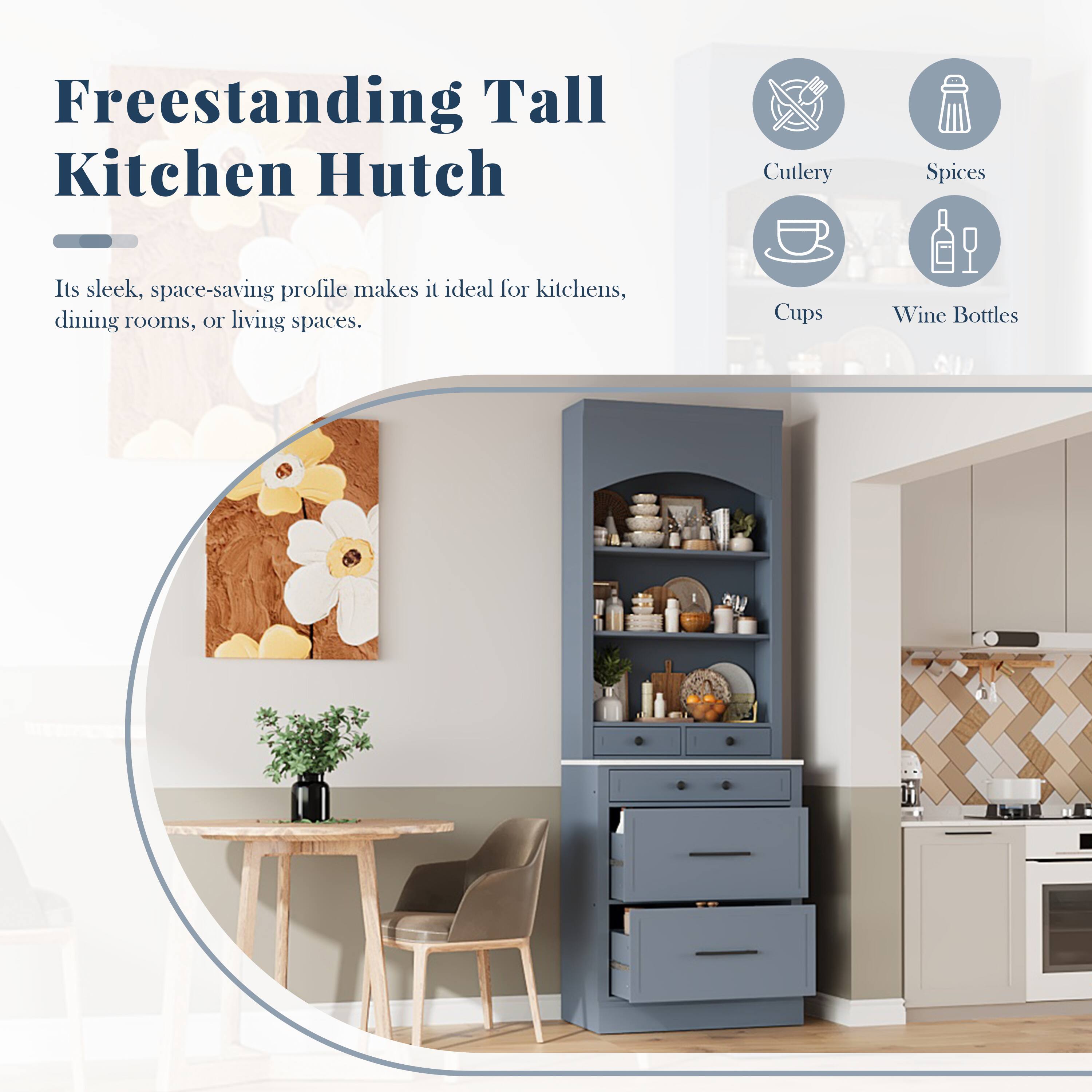 Freestanding Tall Kitchen Hutch

Its sleek, space-saving profile makes it ideal for kitchens, dining rooms, or living spaces.

- Cutlery
- Spices
- Cups
- Wine Bottles