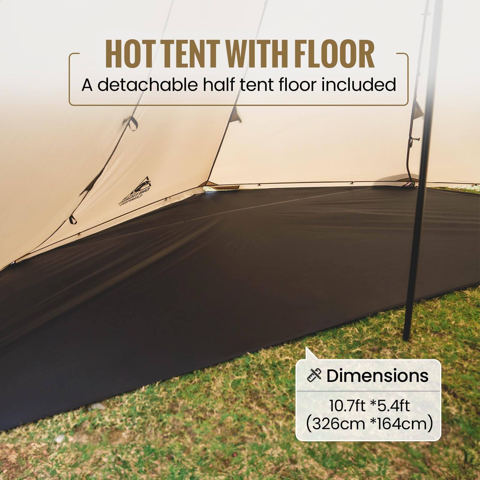 HOT TENT WITH FLOOR  
A detachable half tent floor included  

Dimensions  
10.7ft * 5.4ft  
(326cm * 164cm)