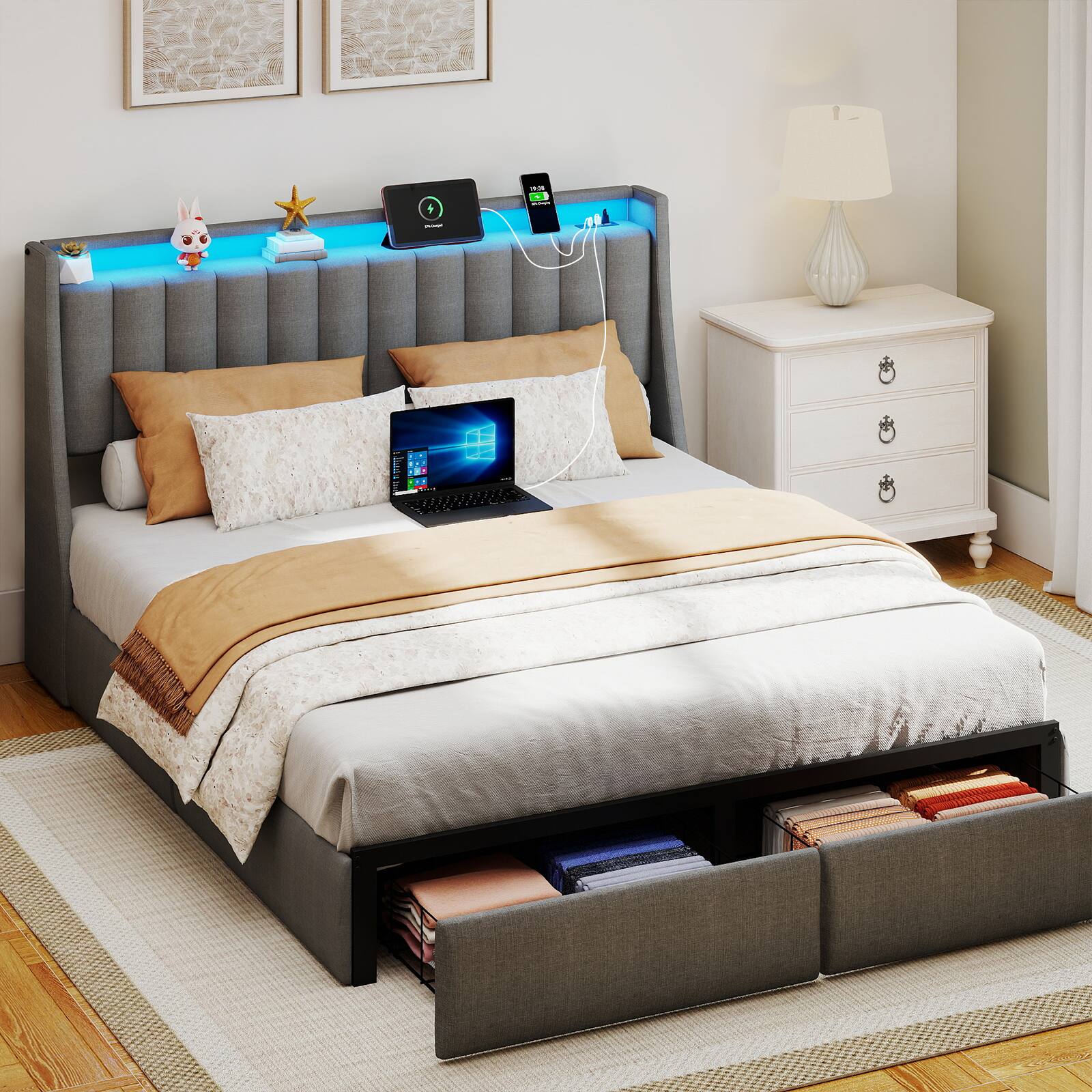Angle. Anysun - Upholstered Queen Size Bed Frame with RGB LED Lights & Charging Station, Underbed Drawers & Storage Headboard - Grey.