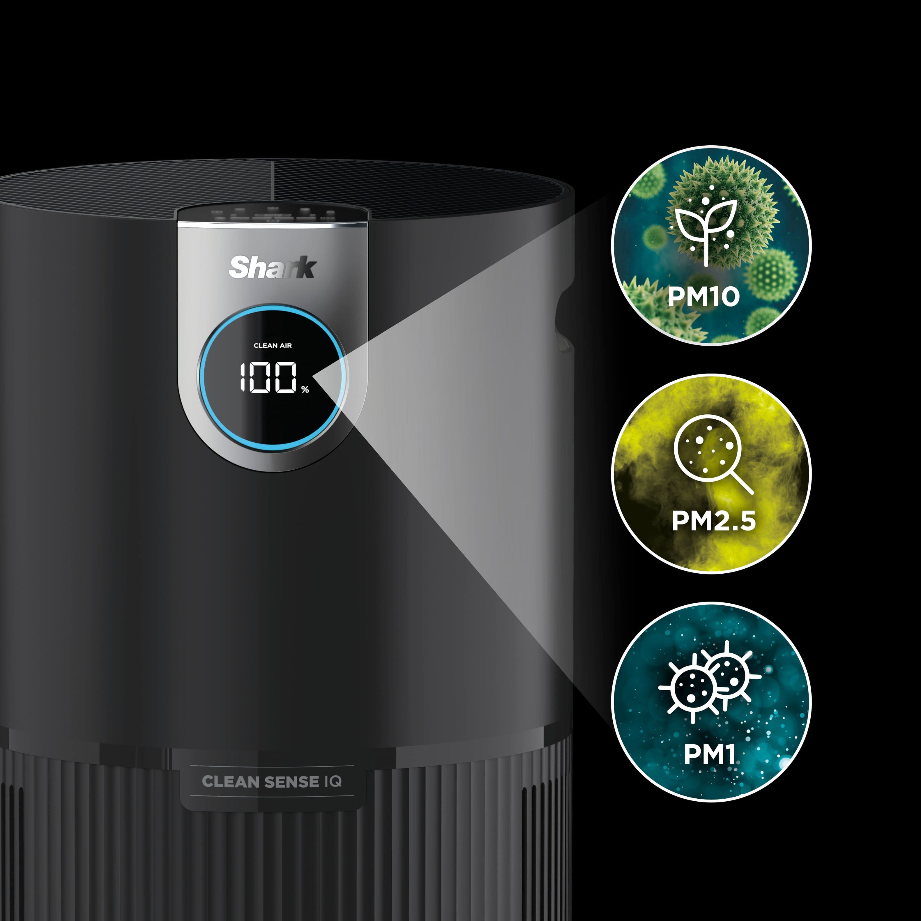 The text on the image is grouped and corrected as follows:
Shark PM10 SLEAN AM 100% PM2.5 CLEAN SENSE IQ PM1