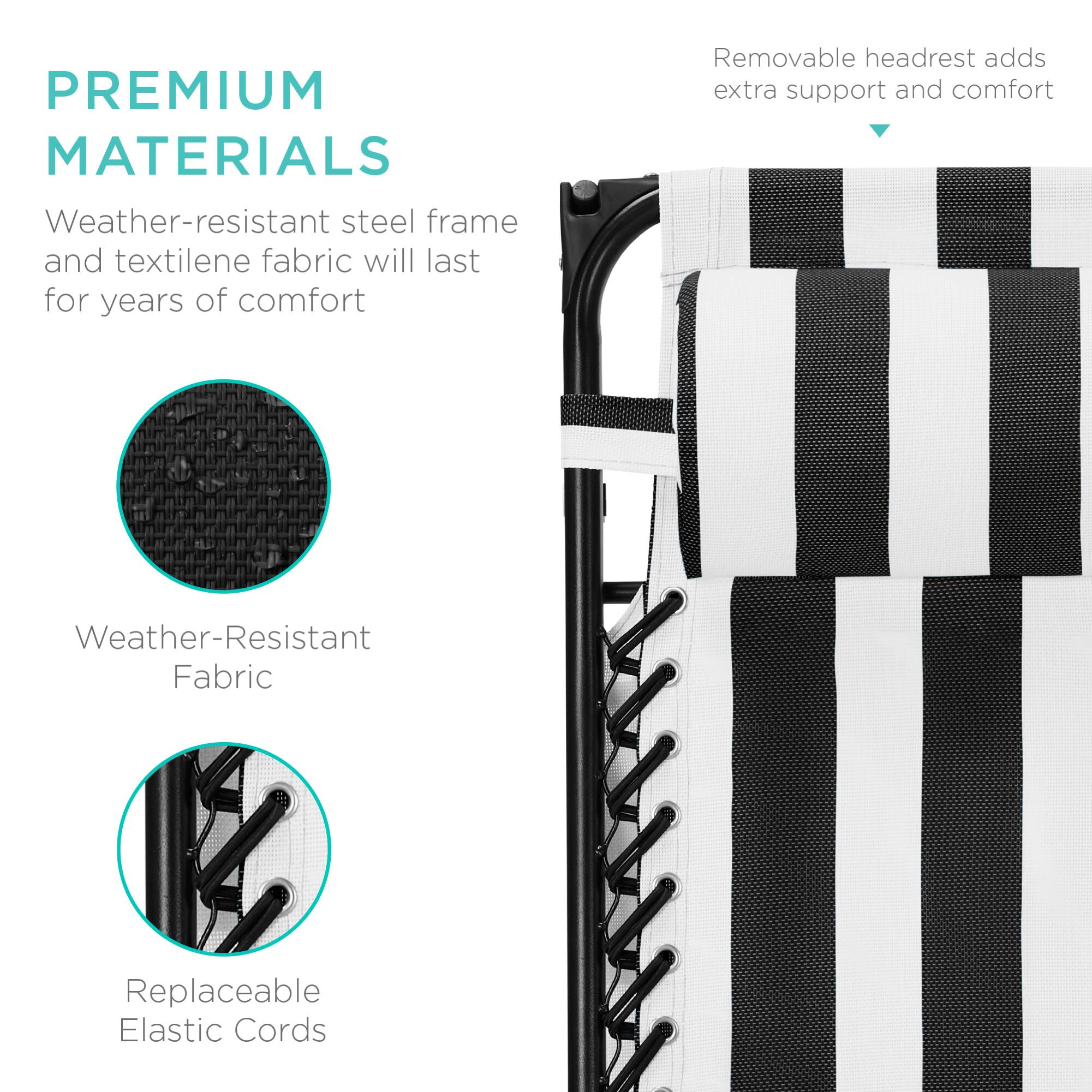 PREMIUM MATERIALS  
Weather-resistant steel frame and textilene fabric will last for years of comfort  
Removable headrest adds extra support and comfort  
Weather-Resistant Fabric  
Replaceable Elastic Cords