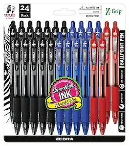 Zebra - Z-Grip Retractable Ballpoint Pen, Medium Point, 1.0mm, 24 Pack - Assorted Ink