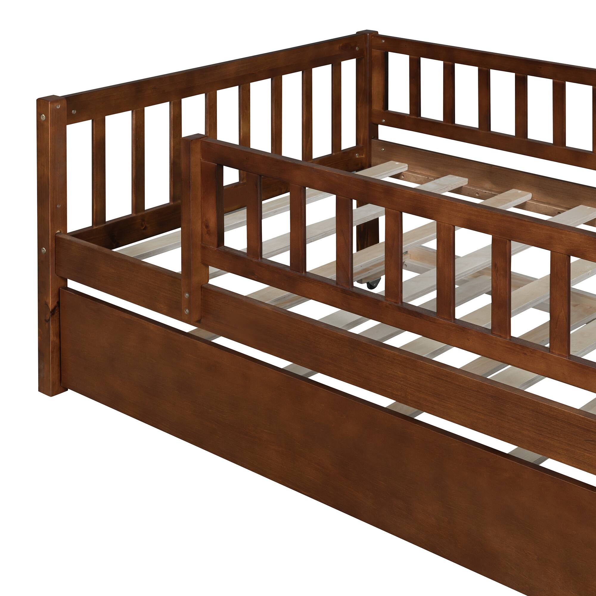Alt View 4. Tiramisubest - Twin Size Wood Daybed with Trundle and Fence Guardrails, Walnut - Walnut.