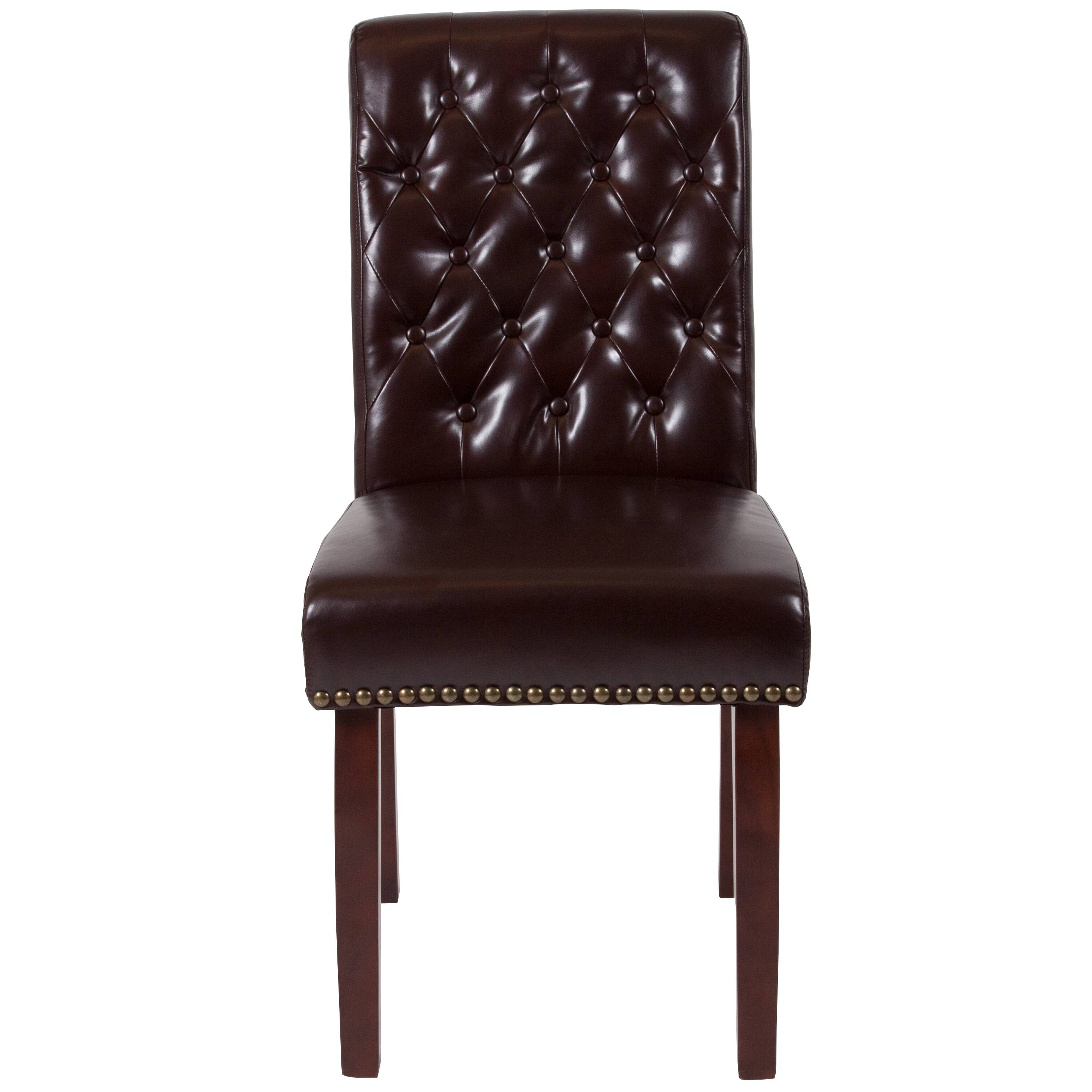 Alt View 7. Emma + Oliver - Upholstered Rolled Back Parson's Chair with Nailhead Trim & Finished Frame with Plastic Floor Glides - Brown LeatherSoft.