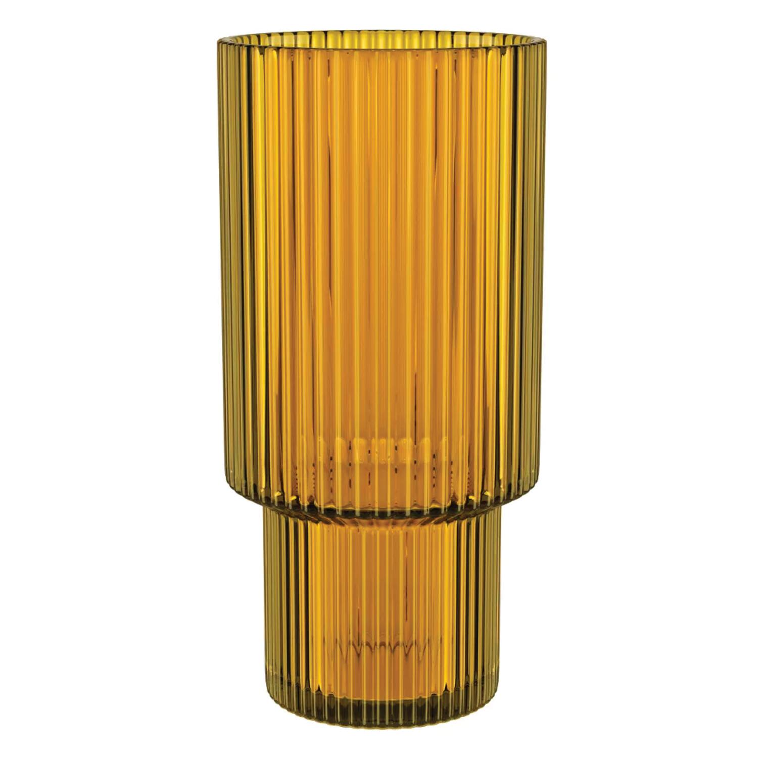 Left. American Atelier - Set of 4 Ribbed Amber Highball Glasses | 11 oz Tall Drinkware - Amber.