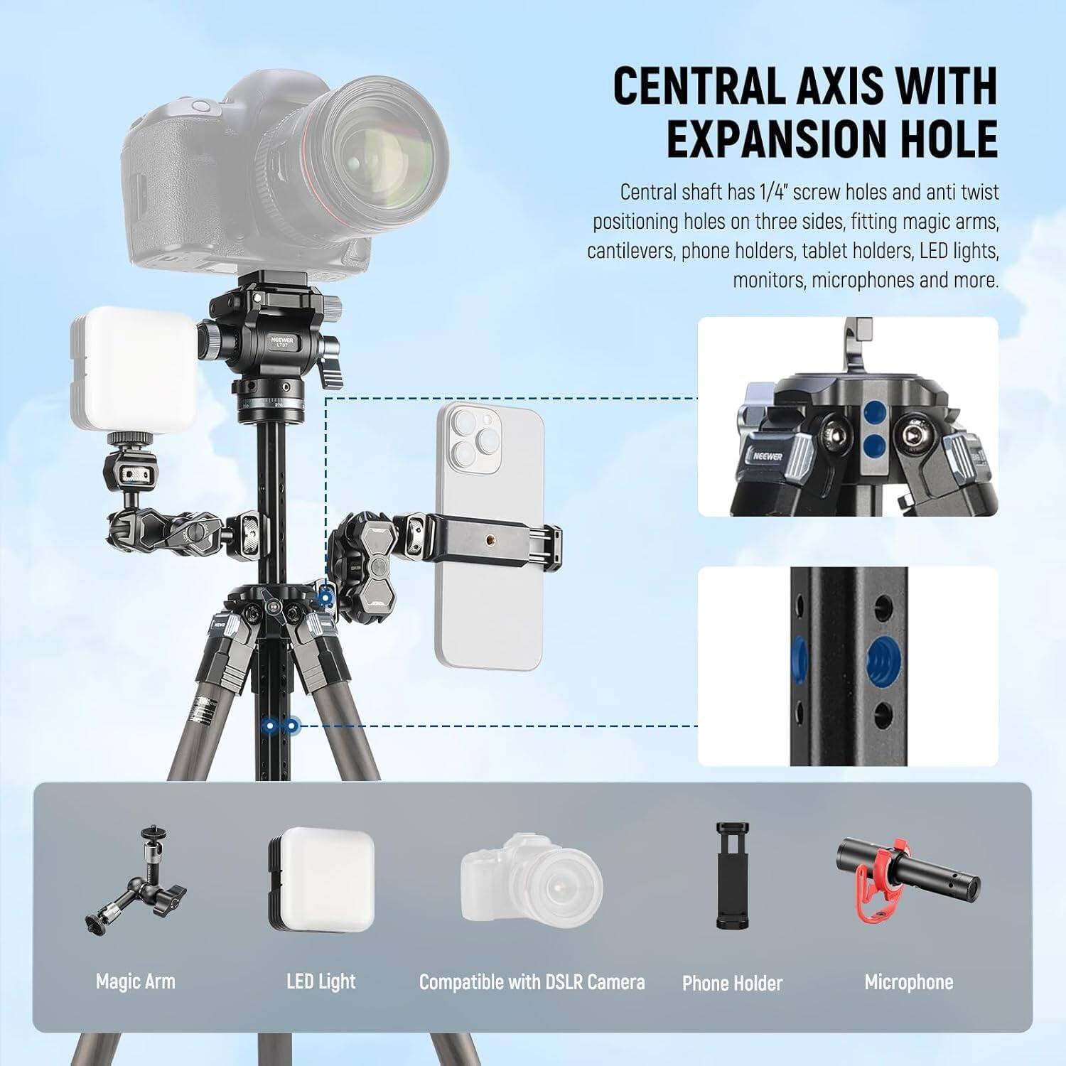 CENTRAL AXIS WITH EXPANSION HOLE

Central shaft has 1/4" screw holes and anti twist positioning holes on three sides, fitting magic arms, cantilevers, phone holders, tablet holders, LED lights, monitors, microphones and more.

REWE Magic Arm LED Light Compatible with DSLR Camera Phone Holder Microphone