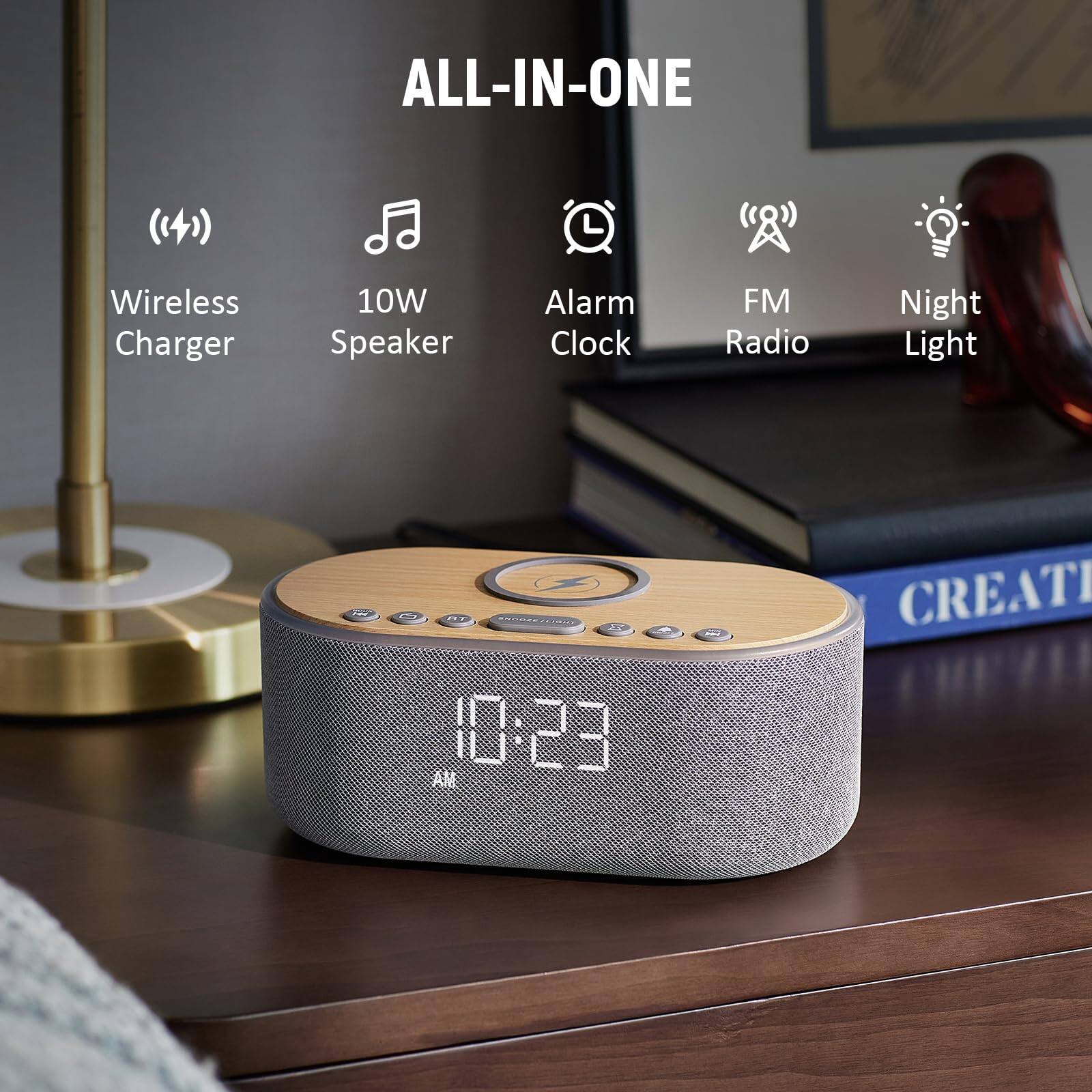 ALL-IN-ONE

- Wireless Charger
- 10W Speaker
- Alarm Clock
- FM Radio
- Night Light

10:23 AM