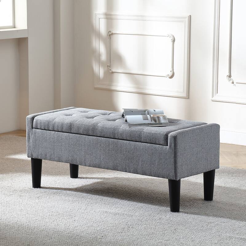Pinmoco 42 inch Linen Upholstered Bench Tufted Storage Seat with Safety ...