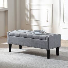 Pinmoco - 42 inch Linen Upholstered Bench Tufted Storage Seat with Safety Hinge - Gray