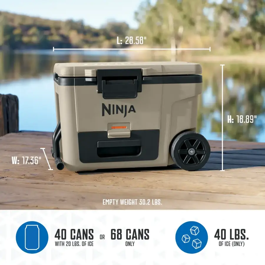 The text on the image is grouped and corrected as follows:

L: 28.58"
NINJA
H: 18.89"
W: 17.36"
Empty Weight: 30.2 LBS.
40 CANS OR WITH 20 LBS. OF ICE: 68 CANS ONLY
40 LBS. OF ICE (ONLY):