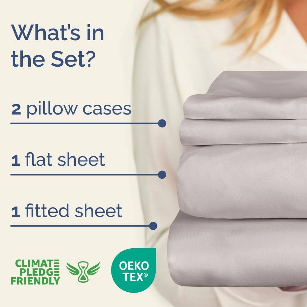 What's in the Set?

- 2 pillow cases
- 1 flat sheet
- 1 fitted sheet

CLIMATE PLEDGE FRIENDLY

OEKO TEX
