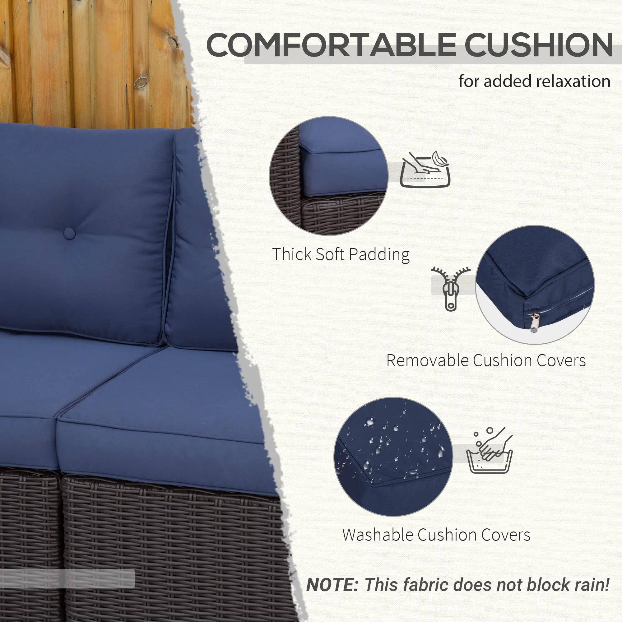 COMFORTABLE CUSHION for added relaxation
Thick Soft Padding
Removable Cushion Covers
Washable Cushion Covers
NOTE: This fabric does not block rain!