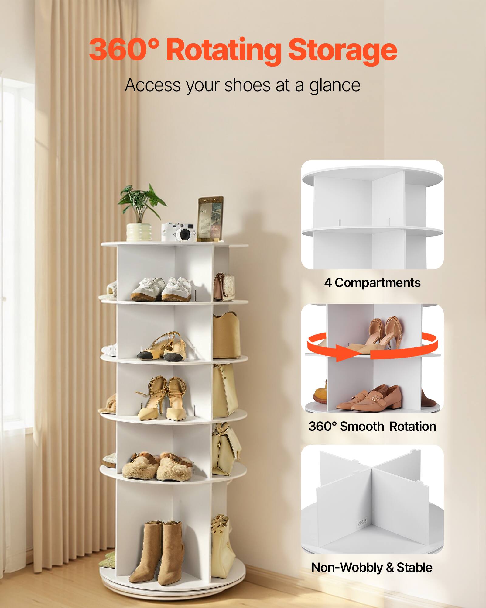 360° Rotating Storage  
Access your shoes at a glance  

4 Compartments  
360° Smooth Rotation  
Non-Wobbly & Stable