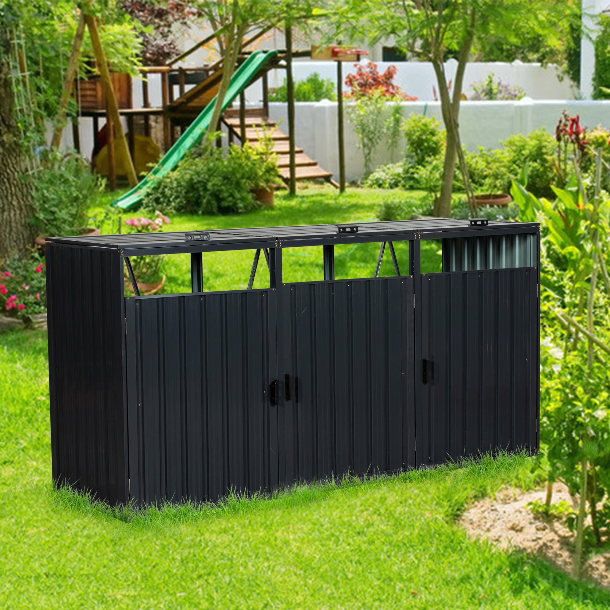Left. Mondawe - 3 Trash Cans Metal Outdoor Bin Shed - Charcoal.