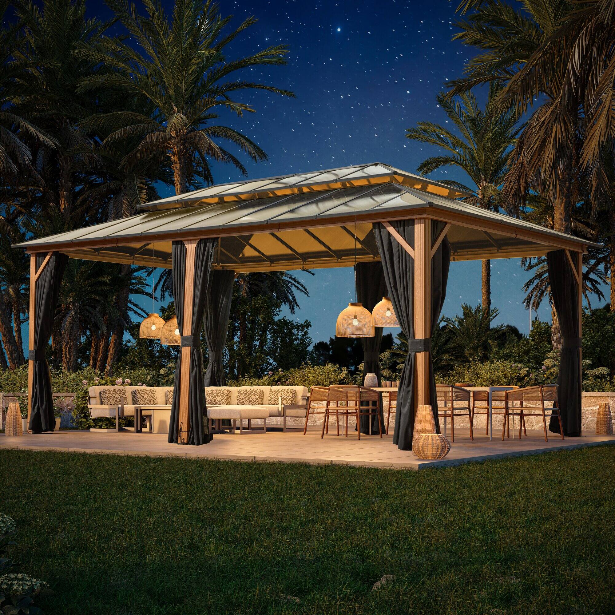 Angle. U-HOMY - Aluminum Double-Roof Gazebo with Polycarbonate Roof, Sliding Curtains and Mesh Screens for Outdoor Patio & Backyard - 12'x20'.