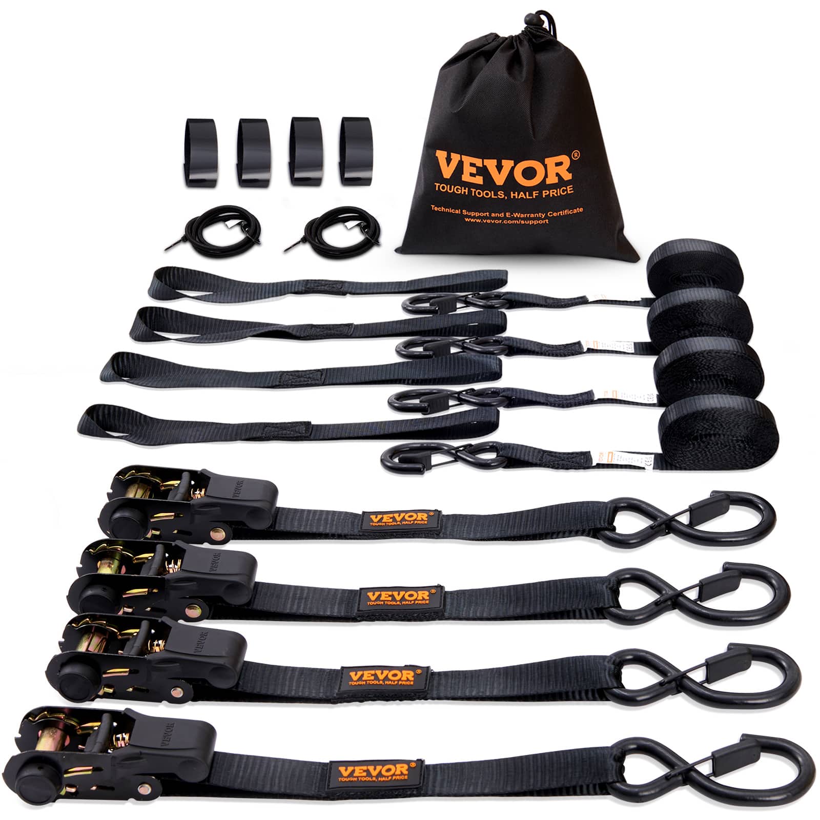 VEVOR - Ratchet Tie Down Straps (4PK), 2200 lb Max Break Strength, Includes 4 Premium 1" x 15' Rachet Tie Downs - Black