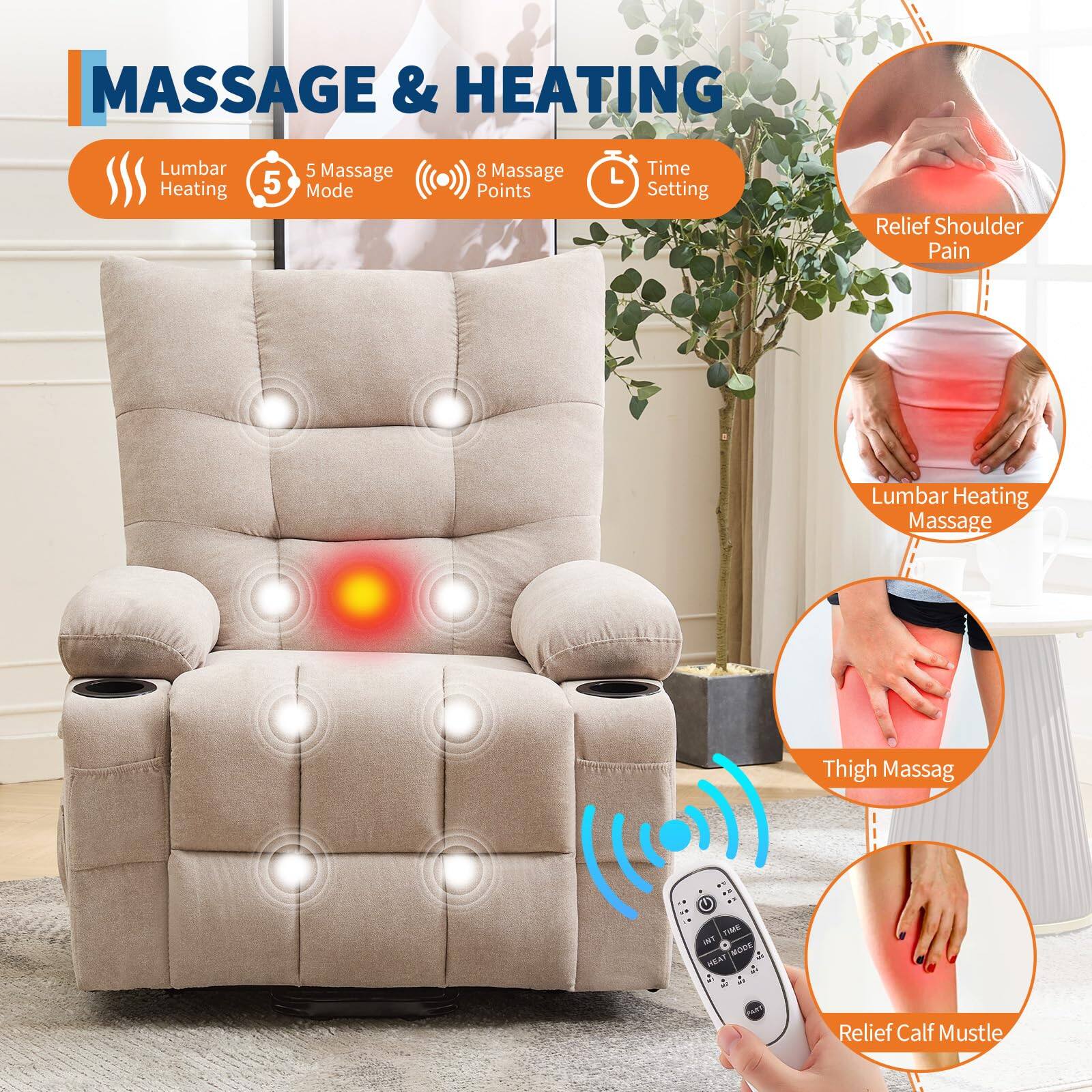 MASSAGE & HEATING

- Lumbar Heating
- 5 Massage Mode
- 8 Massage Points
- Time Setting

Relief Shoulder Pain

Lumbar Heating Massage

Thigh Massag

Relief Calf Muscle