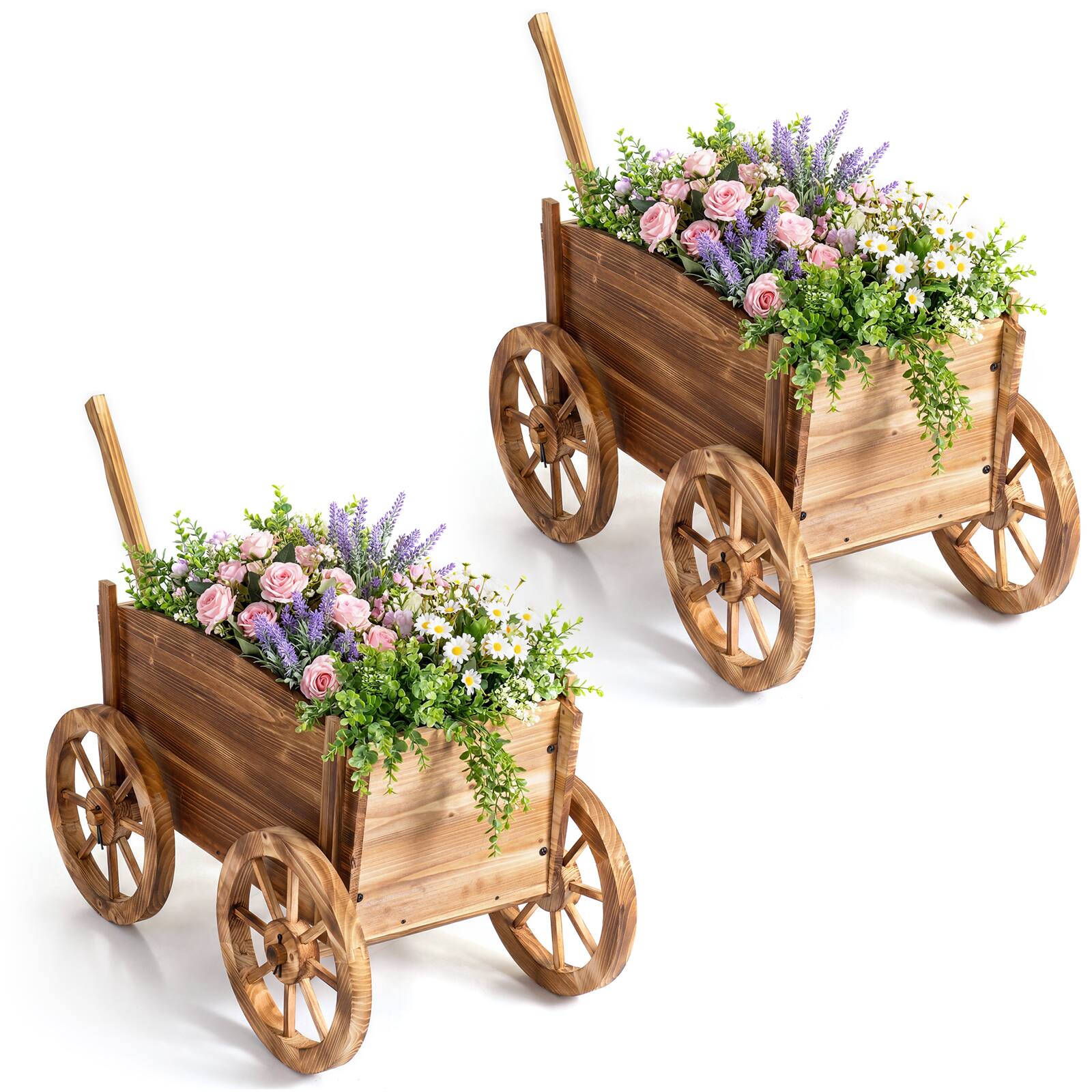 Front. Costway - Costway 2 PCS-Rustic Wood Wagon Planter with Wheels,Handle&Drainage Hole for Patio Garden - Natural.