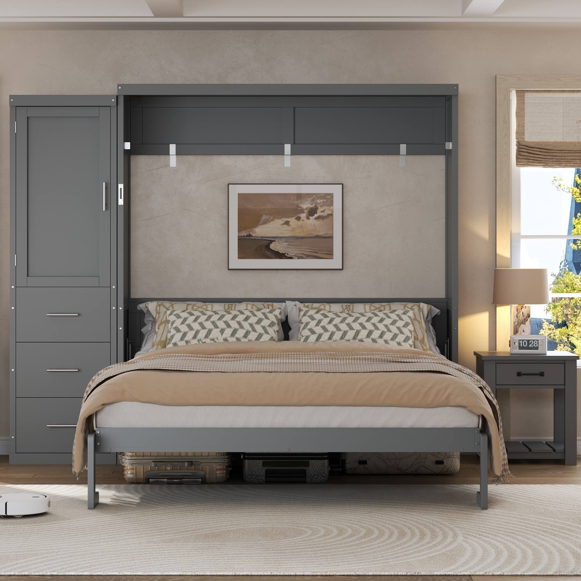 Angle. Whisen - Queen Size Murphy Bed with Wardrobe and Drawers, Space-Saving Folding Bed for Guest Room and Small Spaces - Gray.