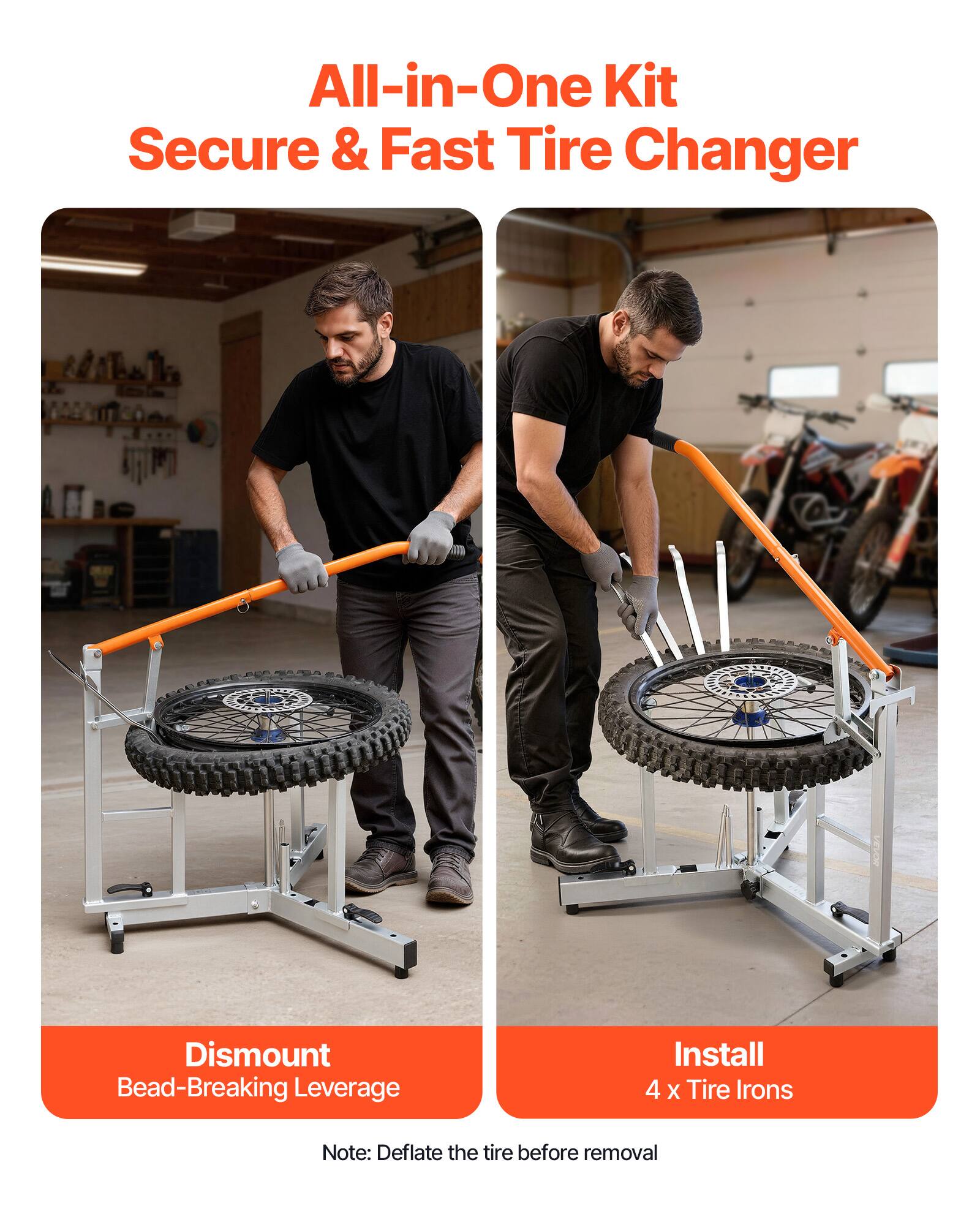 All-in-One Kit Secure & Fast Tire Changer

Dismount
Bead-Breaking Leverage

Install
4 x Tire Irons

Note: Deflate the tire before removal
