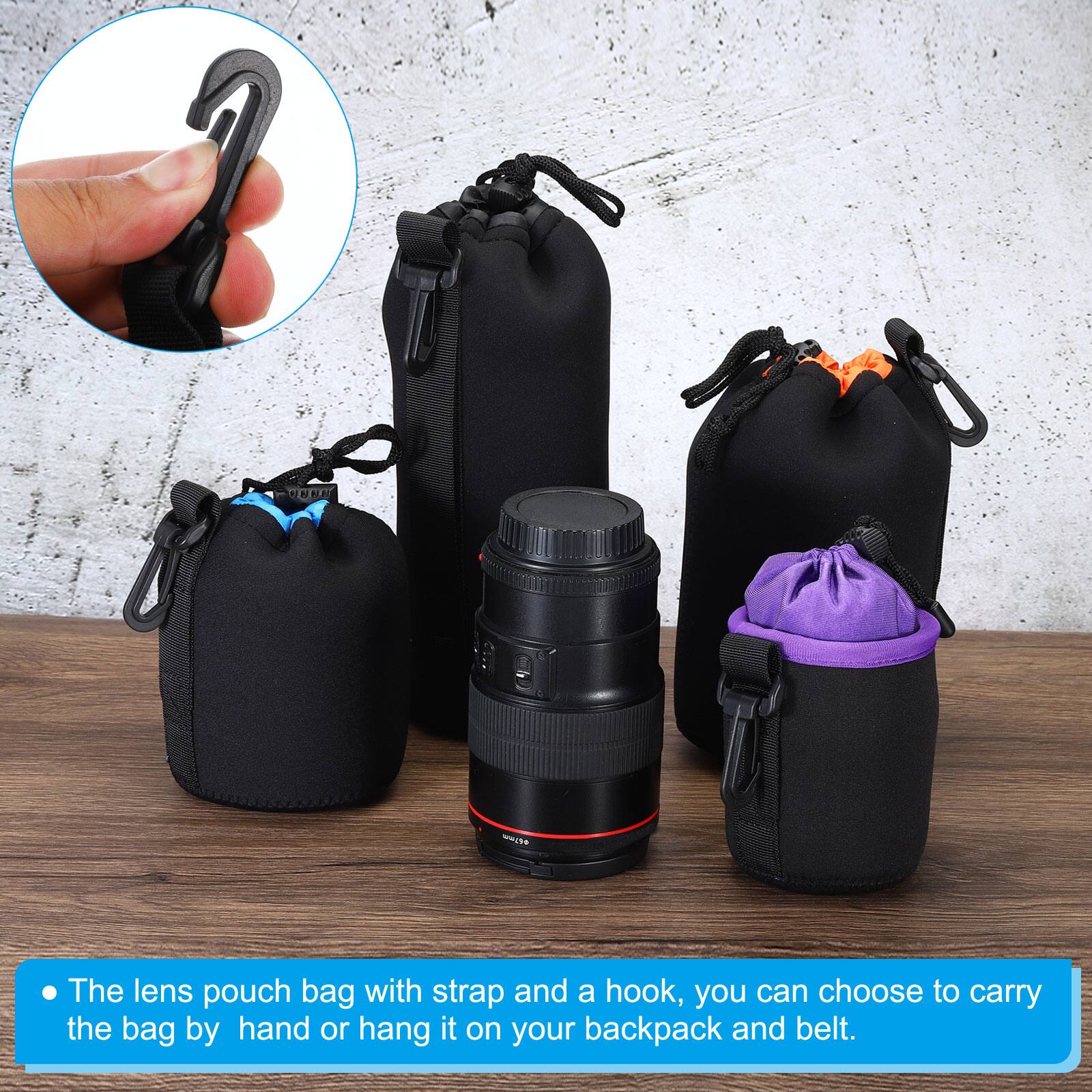 The lens pouch bag with strap and a hook, you can choose to carry the bag by hand or hang it on your backpack and belt.