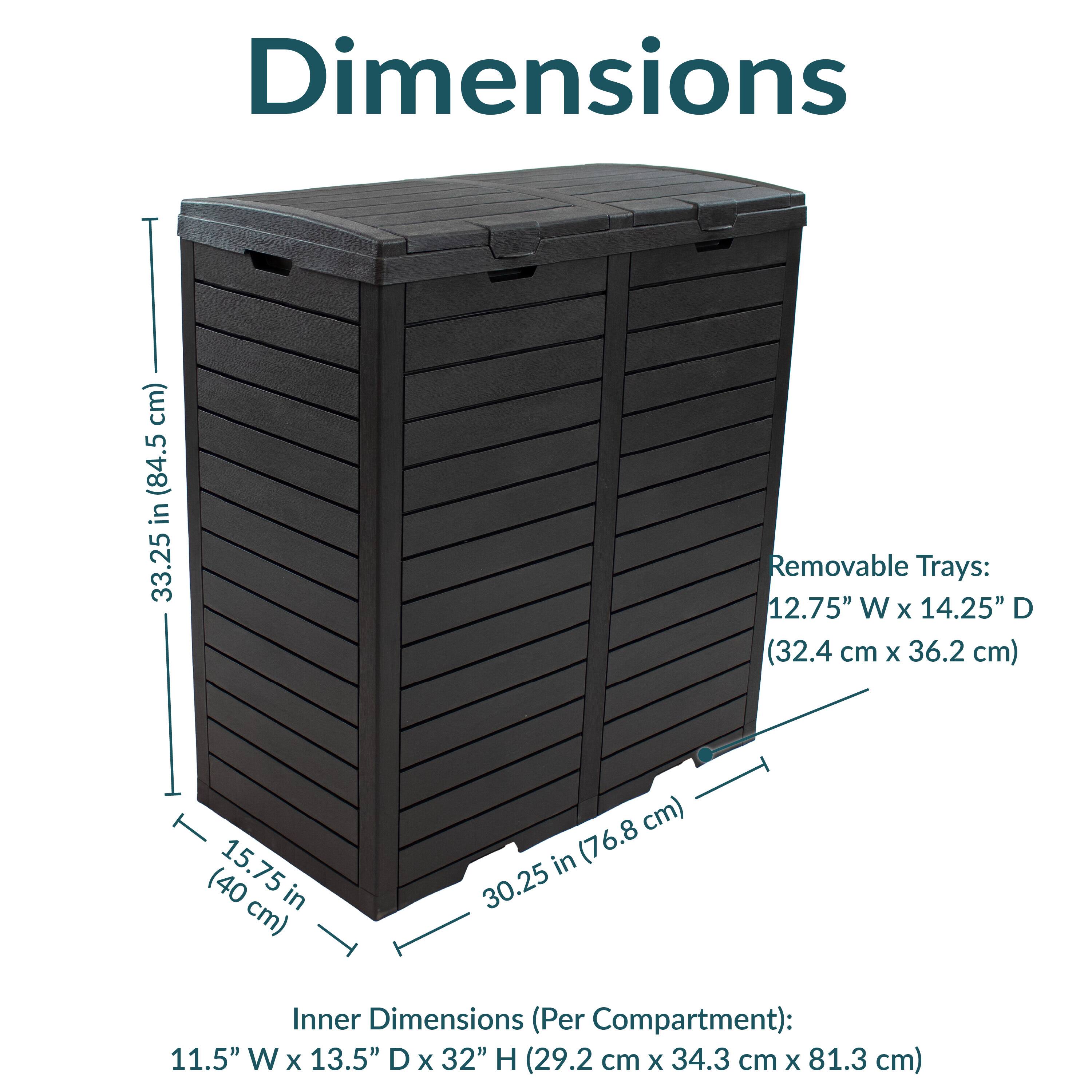 Dimensions:

- Height: 33.25" (84.5 cm)
- Width: 30.25" (76.8 cm)
- Depth: 15.75" (40 cm)

Inner Dimensions (Per Compartment):
- Width: 11.5" (29.2 cm)
- Depth: 13.5" (34.3 cm)
- Height: 32" (81.3 cm)

Removable Trays:
- Width: 12.75" (32.4 cm)
- Depth: 14.25" (36.2 cm)