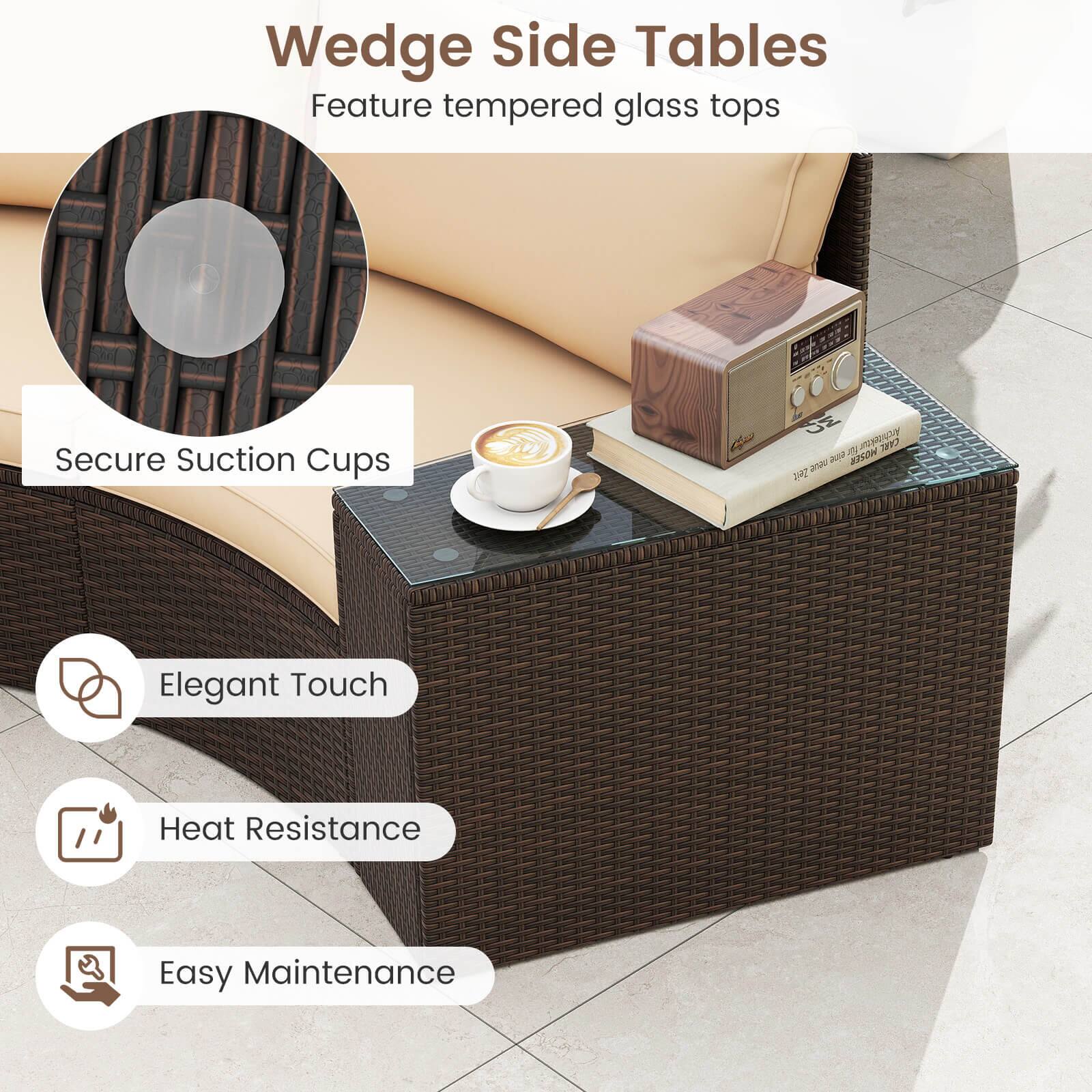 Wedge Side Tables are designed with tempered glass tops for added durability and safety. These tables also feature secure suction cups to keep them in place on various surfaces. The elegant touch and heat resistance make them suitable for use in various settings. Additionally, the easy maintenance aspect ensures that these tables are easy to clean and care for.