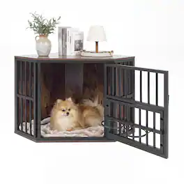 WELLFOR - 35.5 " Corner Dog Crate Furniture, Indoor Heavy Duty Kennel with 3-Position Dog Bowl Rack , Metal Dog Cage Dog Kennel - Rustic Brown
