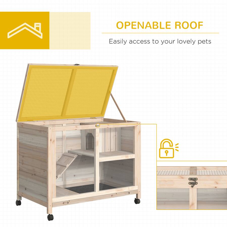 Pawhut Rabbit Hutch with Wheels, Desk and Side Table Sized, Wooden ...
