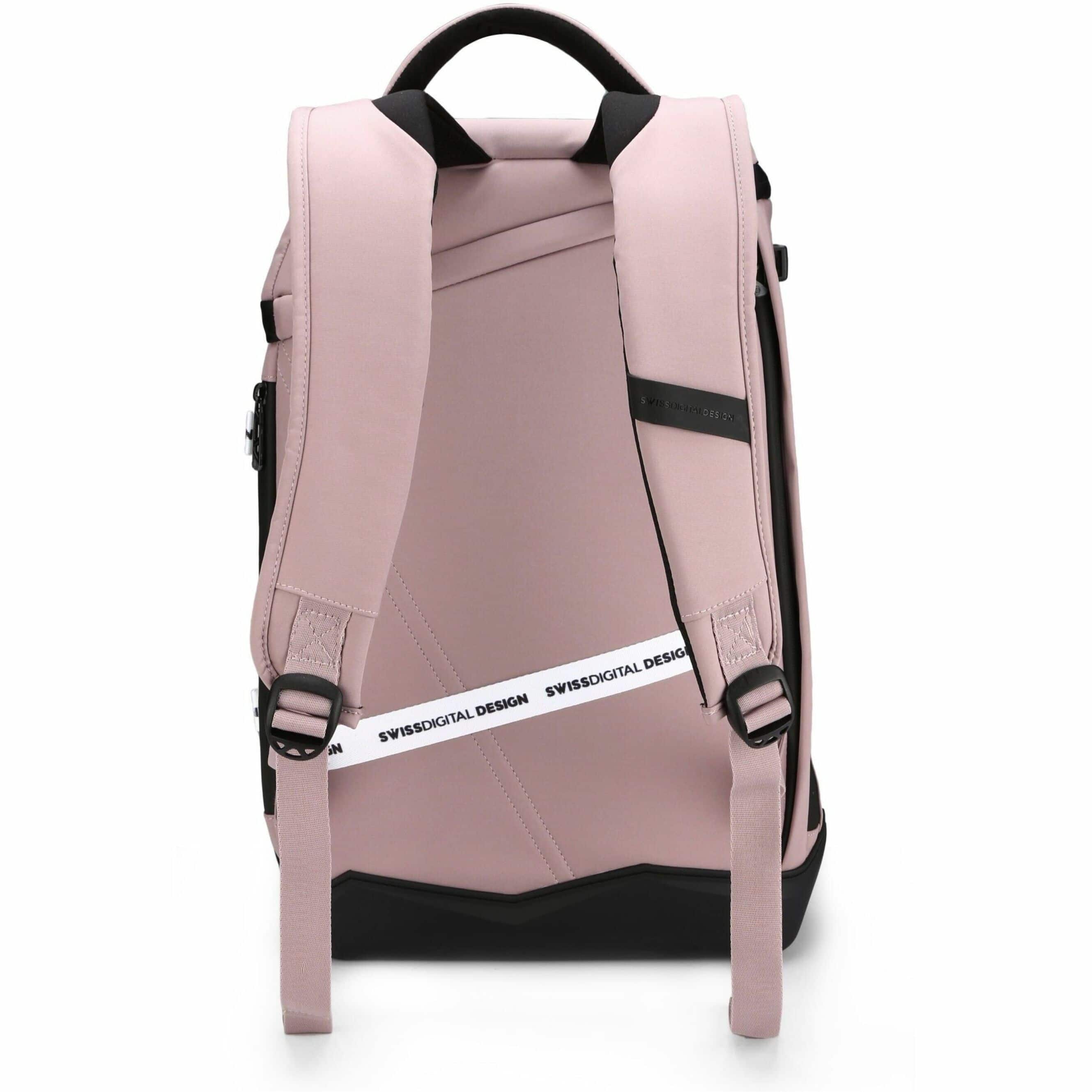 Swissdigital design is written on the back of the pink backpack.
