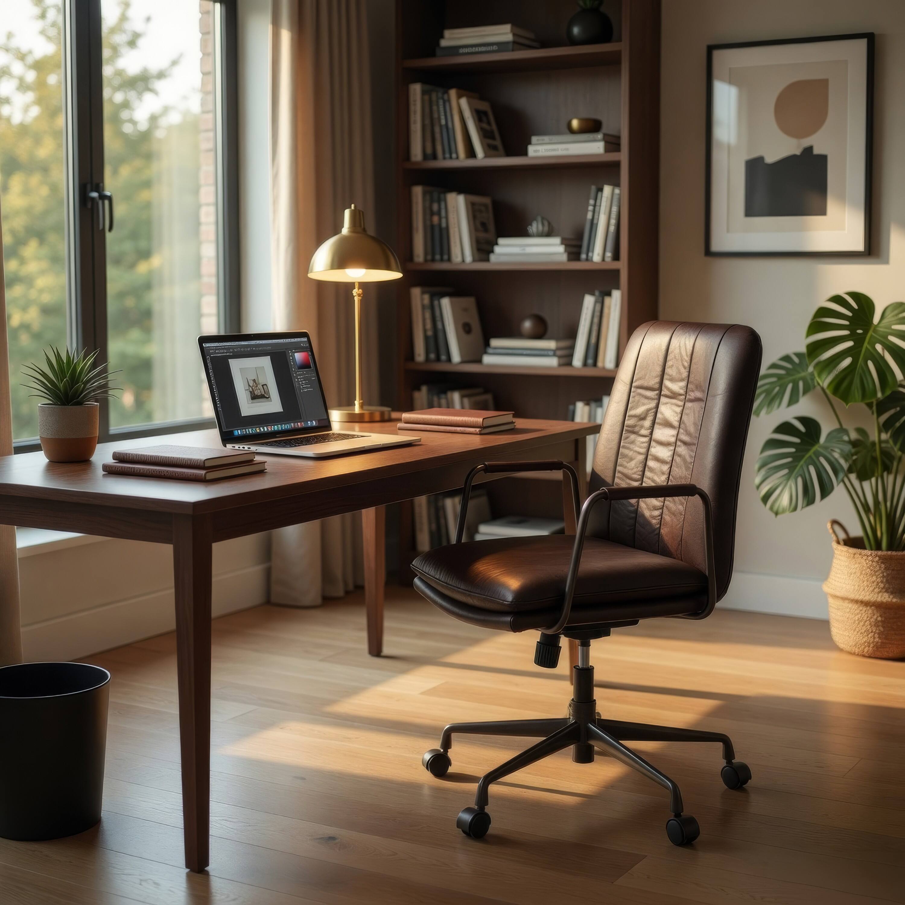 Alt View 5. Manhattan Lane - Office Chair with Leather Seat and Channel Stitching, Dark Brown - Brown.